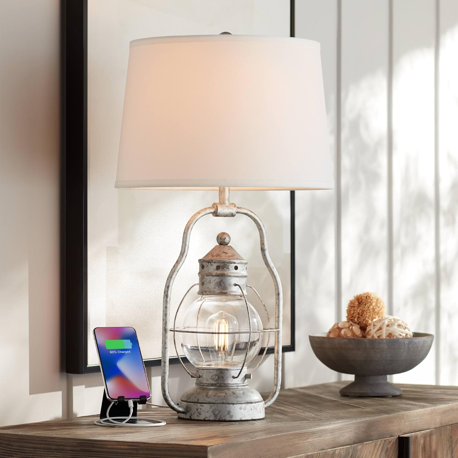 Farmhouse Gold Table Lamp — 23" — Distressed Silver with USB