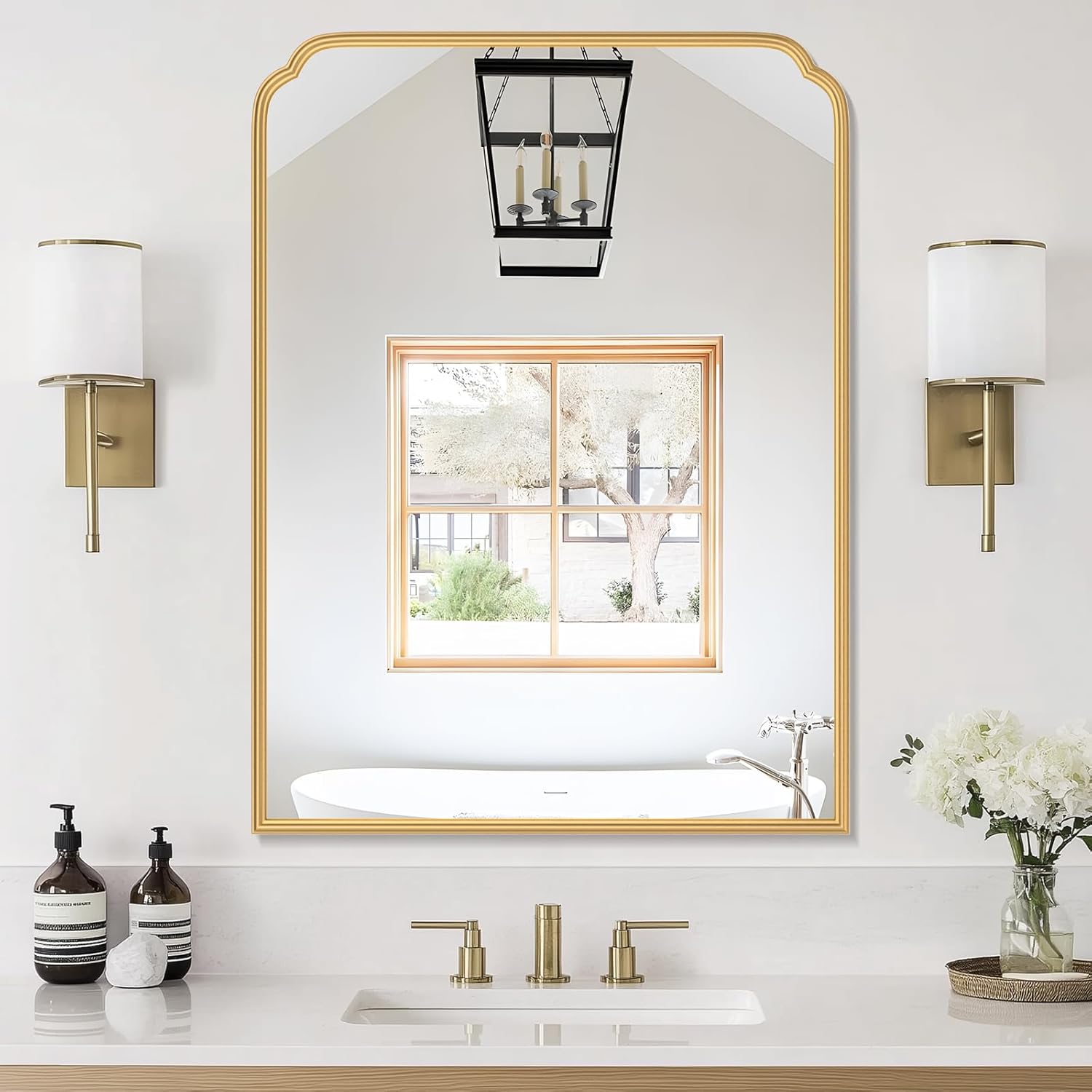 Framed Luxe Beige Vanity Mirror — 30" — Gold