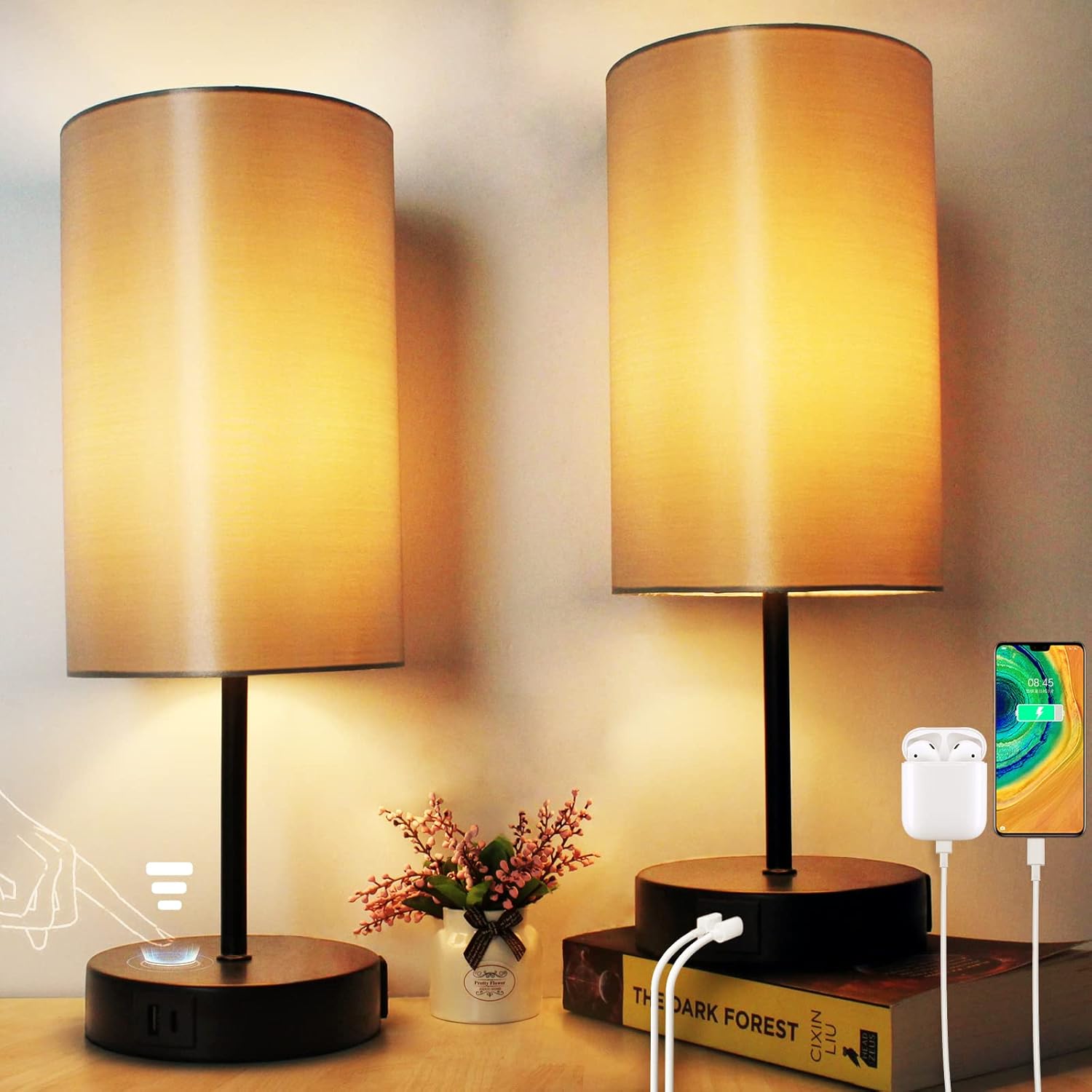 Dimmable Black Bedside Lamp — 15.75" — Set of 2