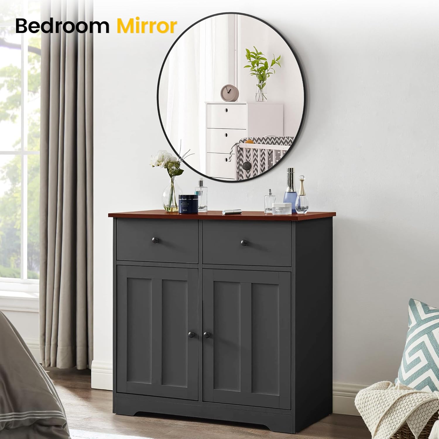 Round Farmhouse Black Wall Mirror — 36" - View 2