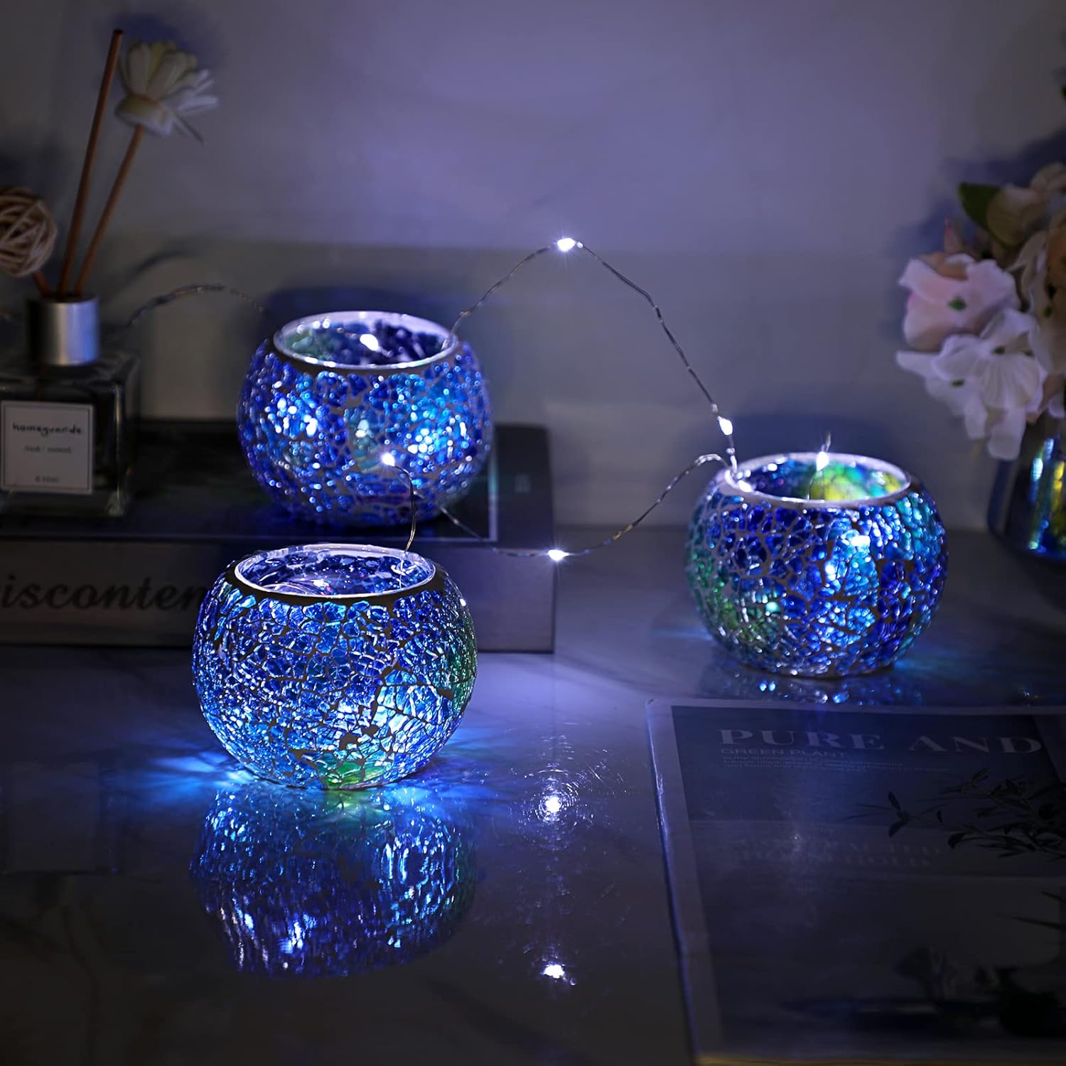 Round Blue Pillar Candle — Set of 3 - View 2
