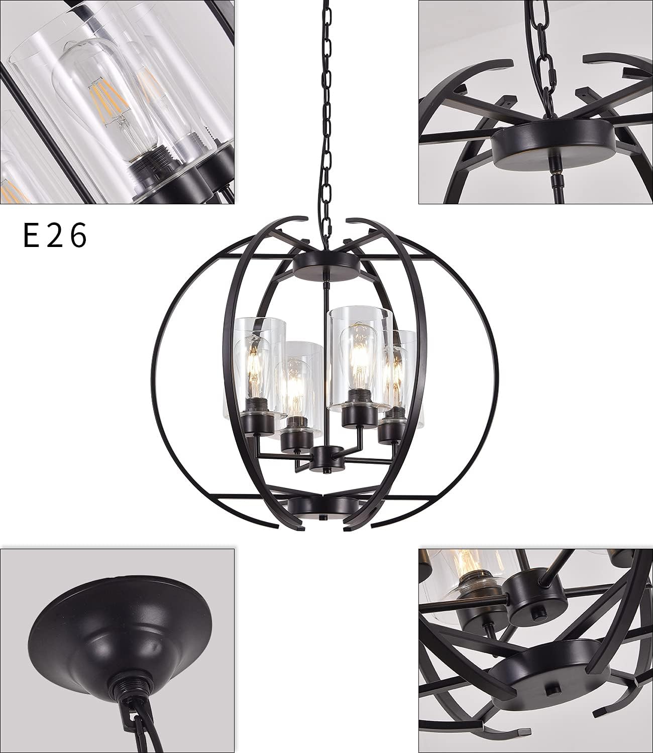 Farmhouse Black Chandelier — 4-Light - View 6