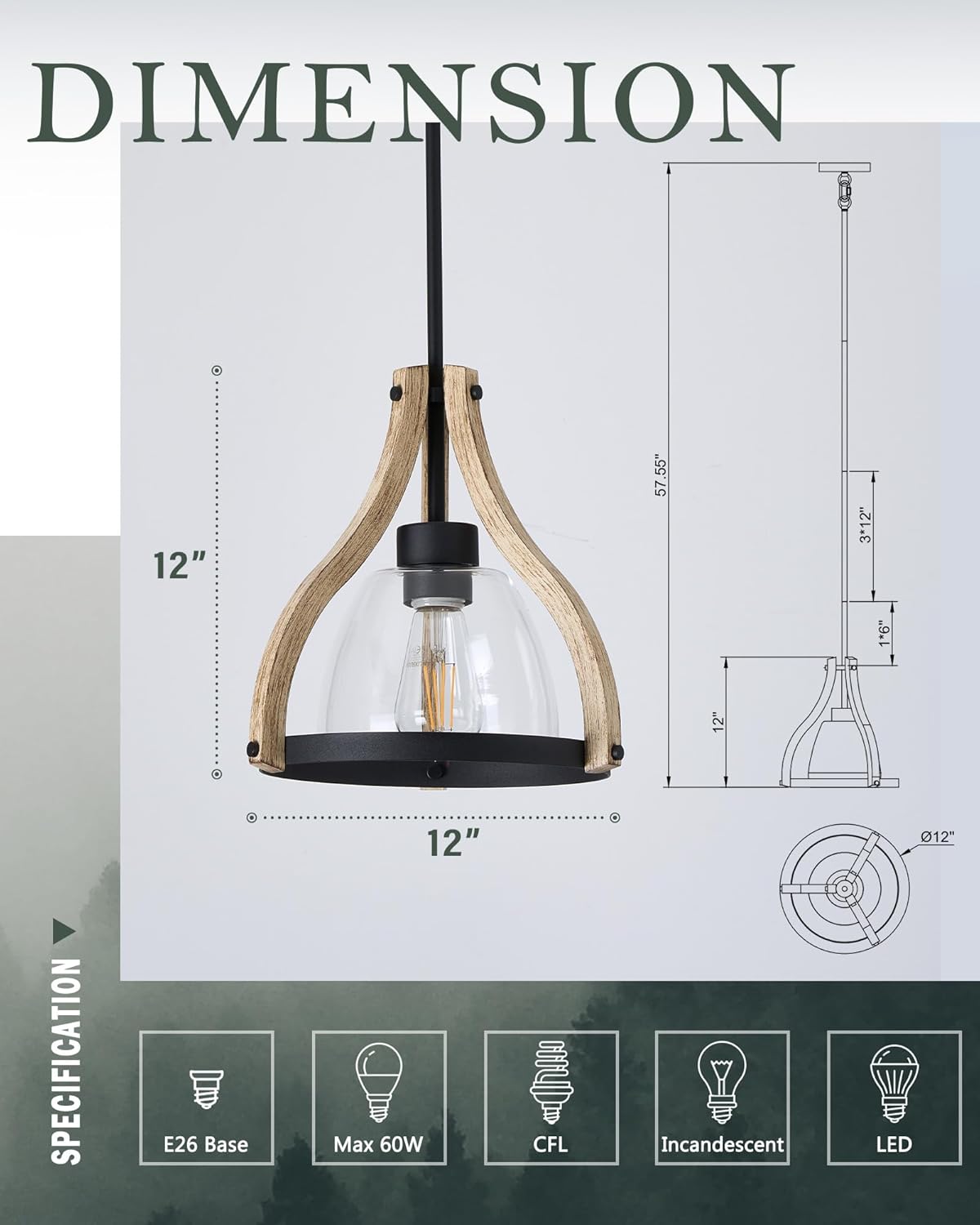 Adjustable Farmhouse Wood Pendant Light - View 3