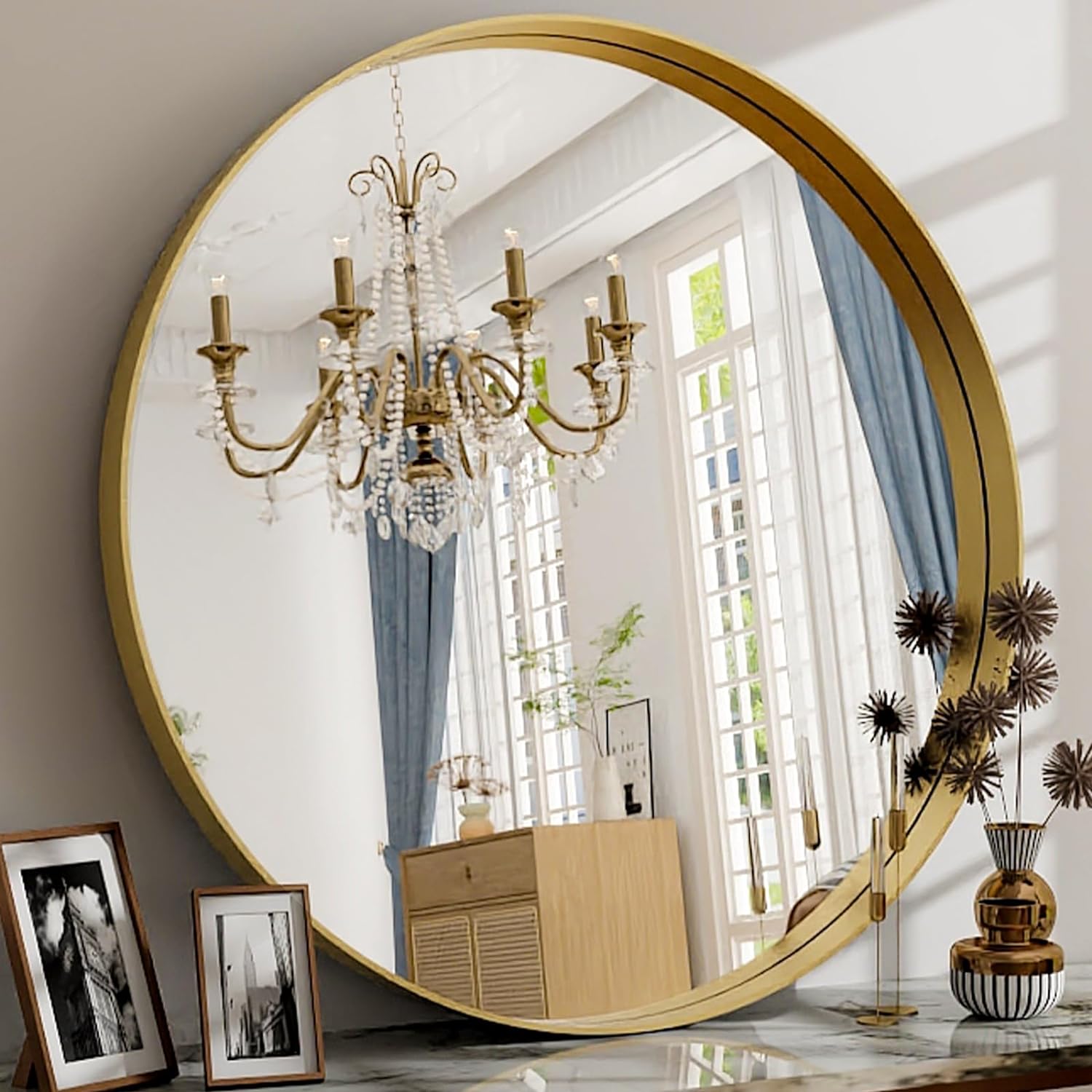 Round Modern Black Mirror — 24" — Gold