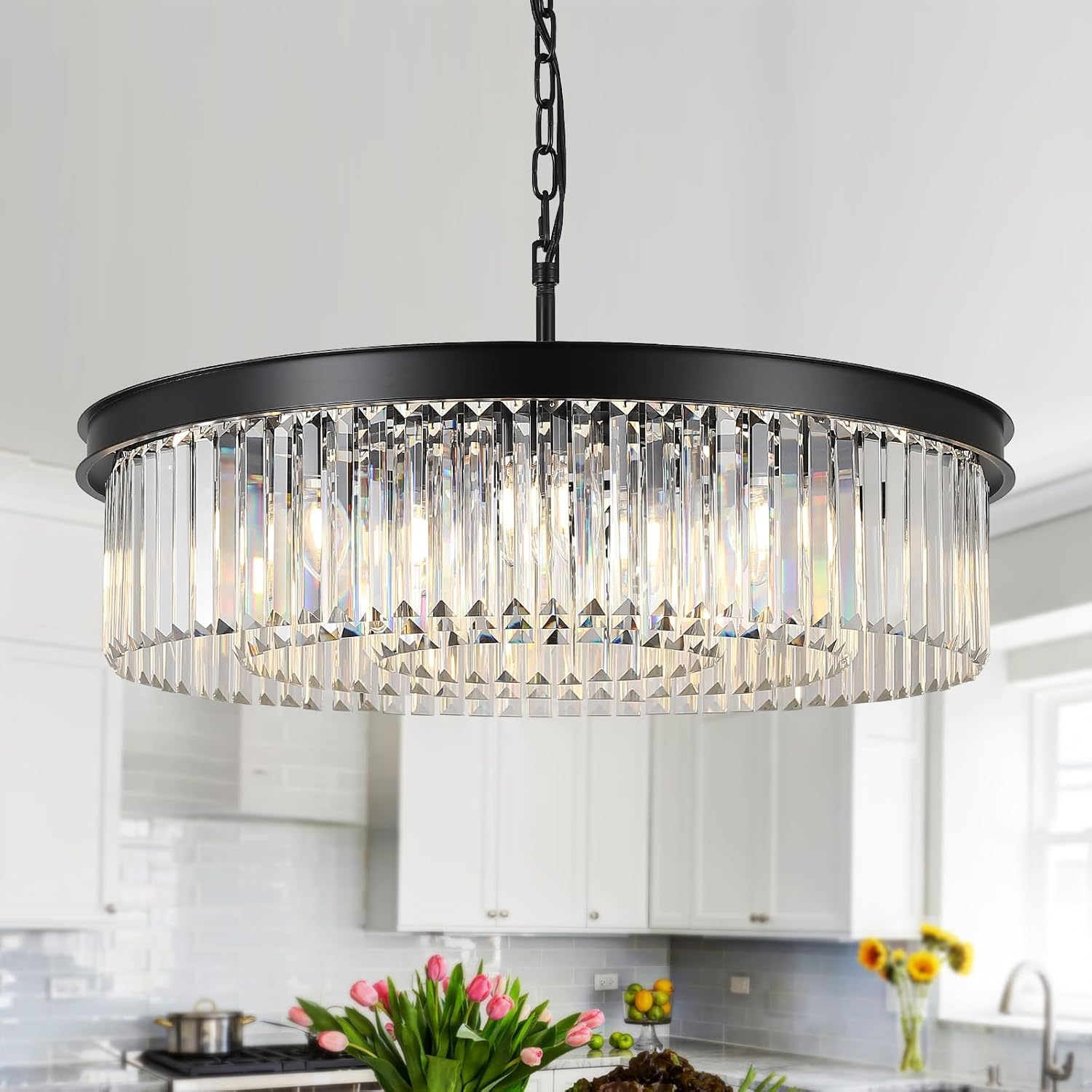 Round Luxe Black Chandelier — 12-Light — Ring-Black