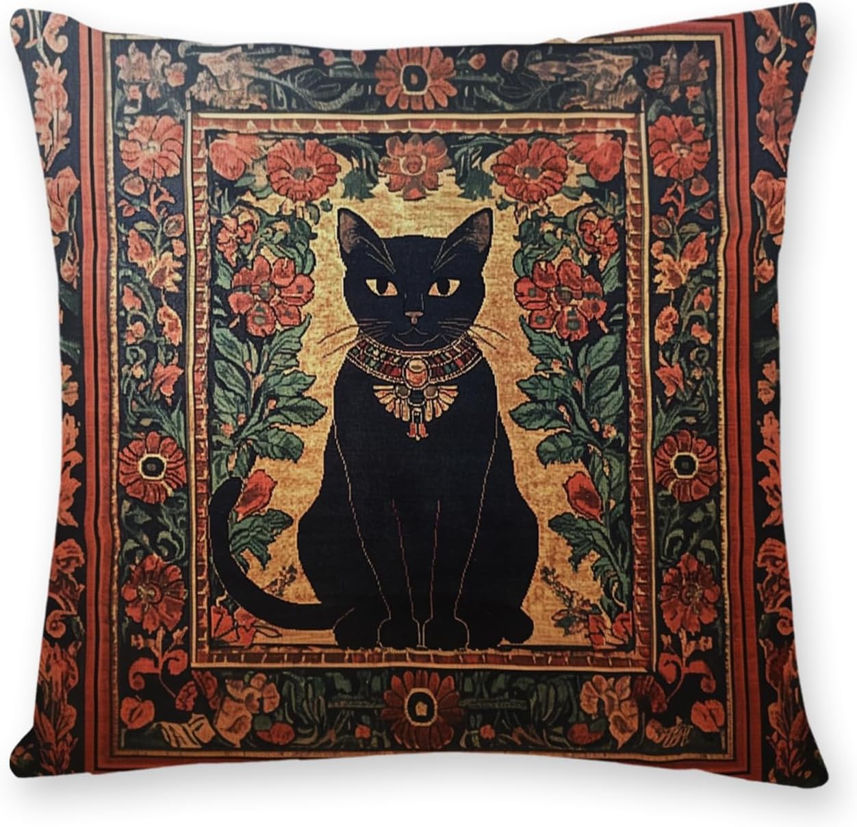 Vintage Boho Black Throw Pillow Cover — 18" — Black Cat5