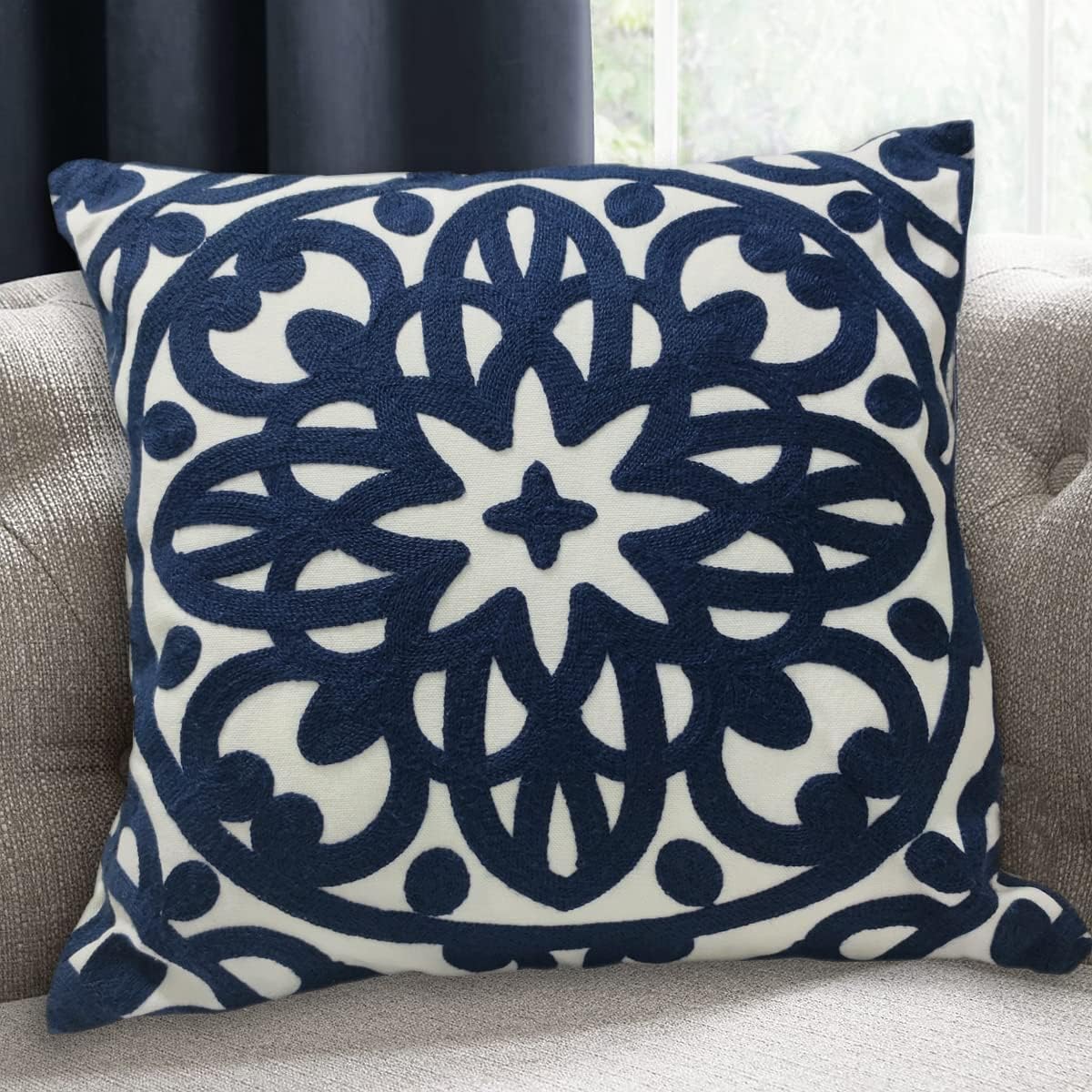 Embroidered Boho Beige Throw Pillow Cover — 12" — Navy