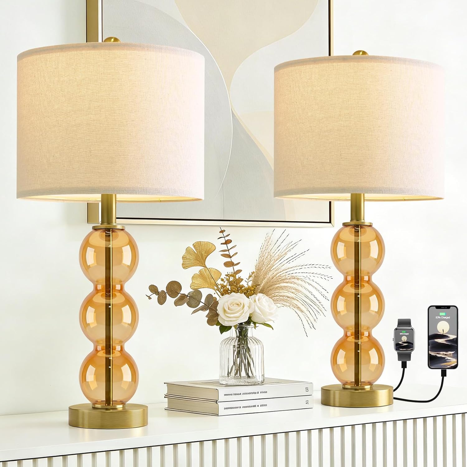 USB Luxe Black Bedside Lamp — 25" — Amber