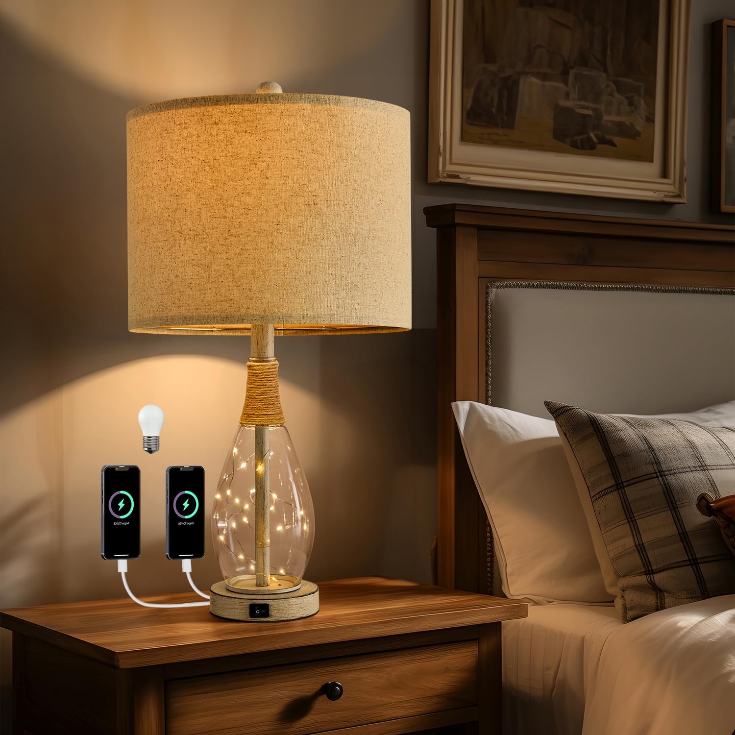USB Boho Black Bedside Lamp — Set of 2 — Antique White