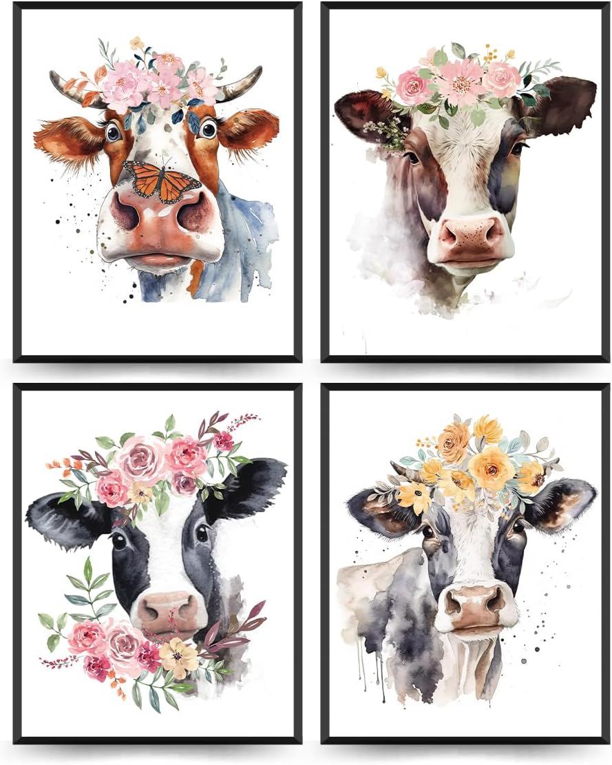 Unframed Farmhouse Black Wall Art — 10" — Cow - Flower