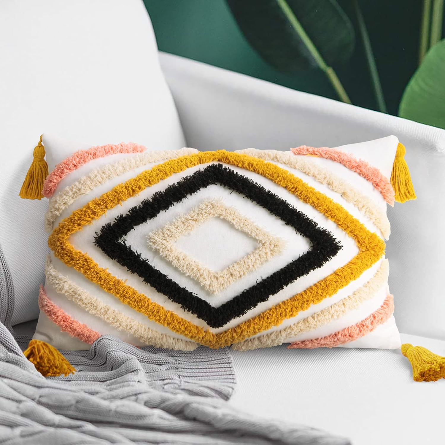 Tufted Boho Blue Throw Pillow Cover — 18" — Yellow