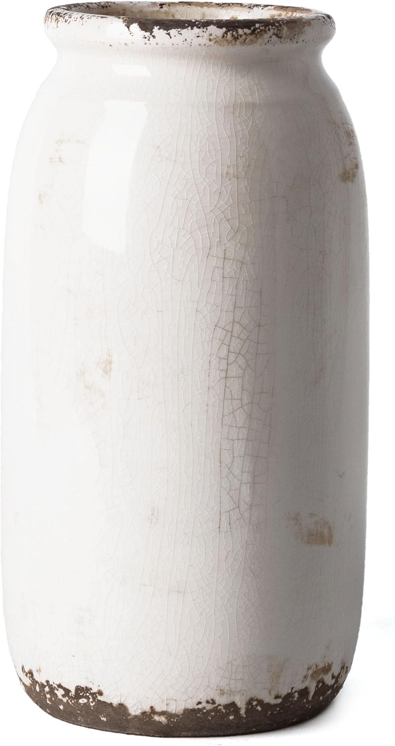 Farmhouse Blue Decorative Vase — 8" — White