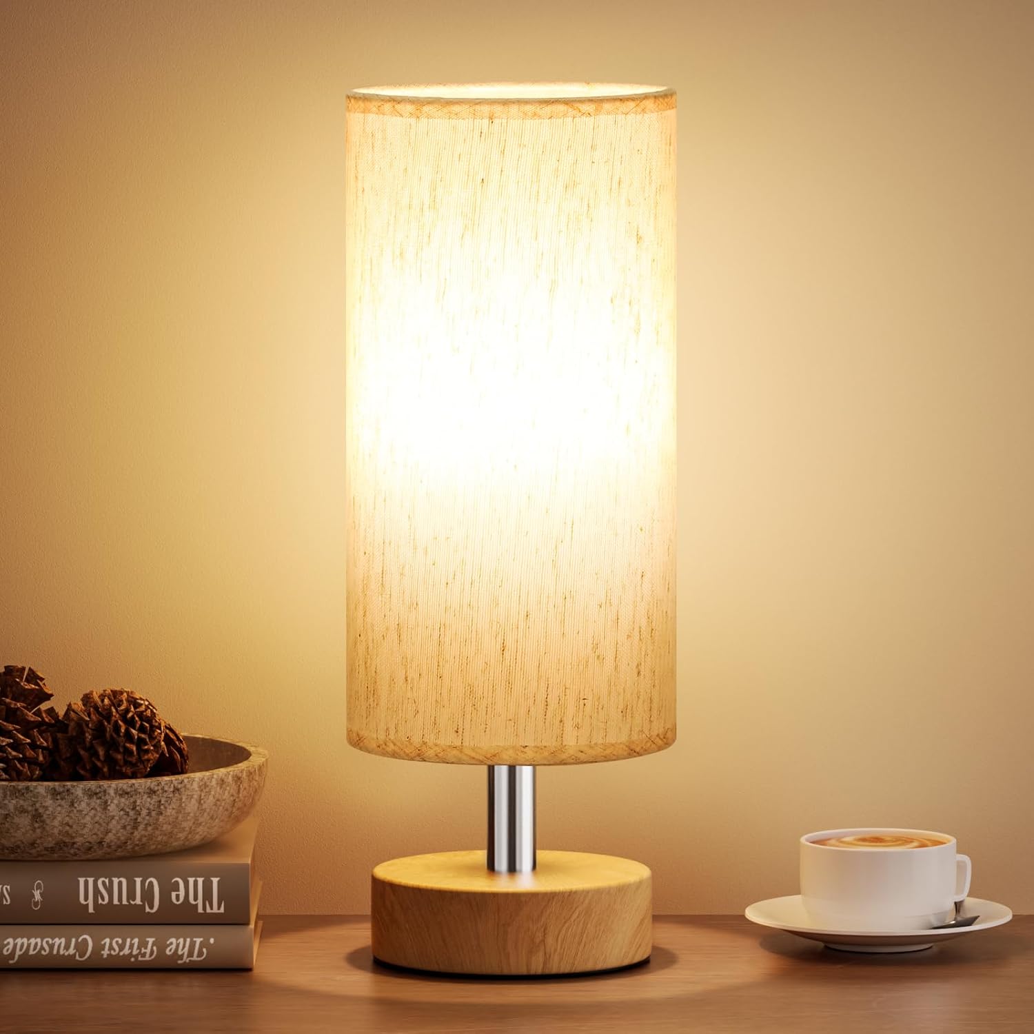 Modern Beige Bedside Lamp — 11.6" — Cream Shade-Wood Base