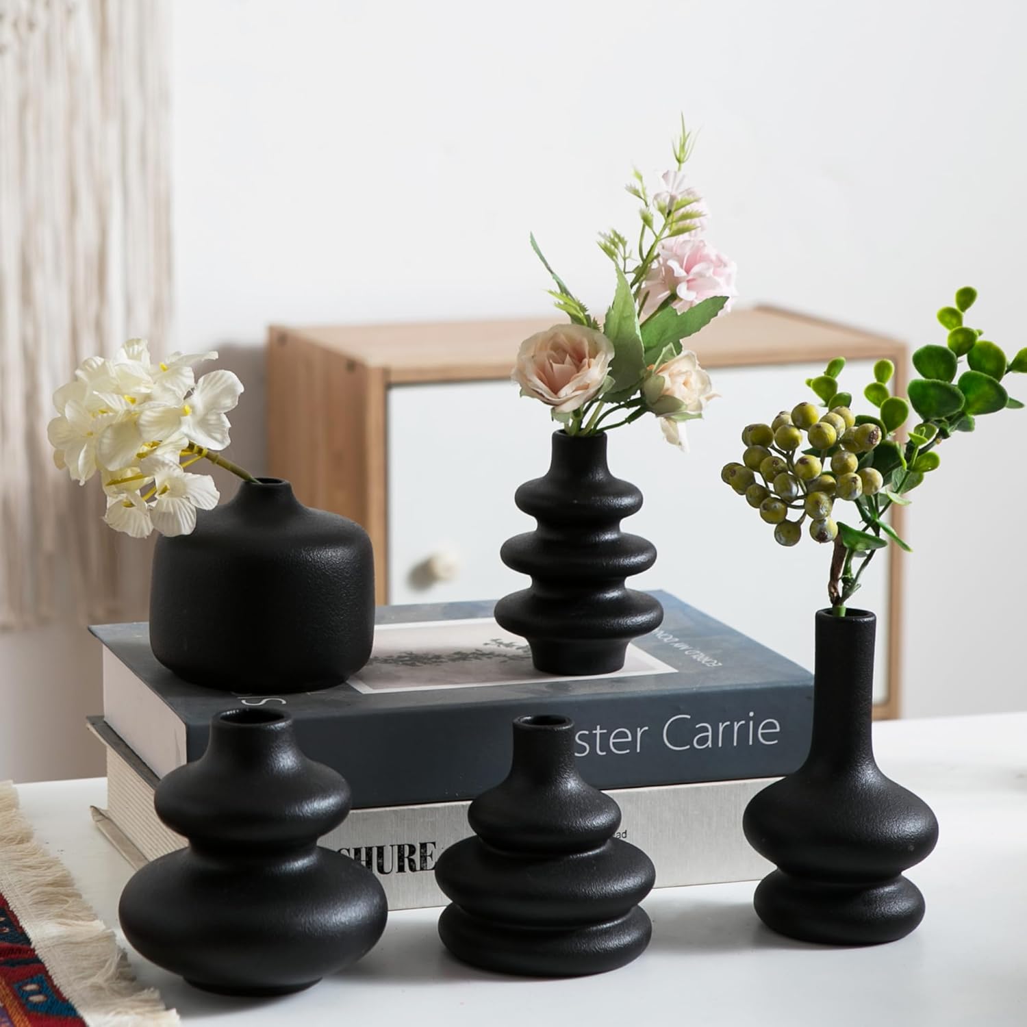 Boho Black Vase — Set of 12 — D-5pcs Matte Black Vase