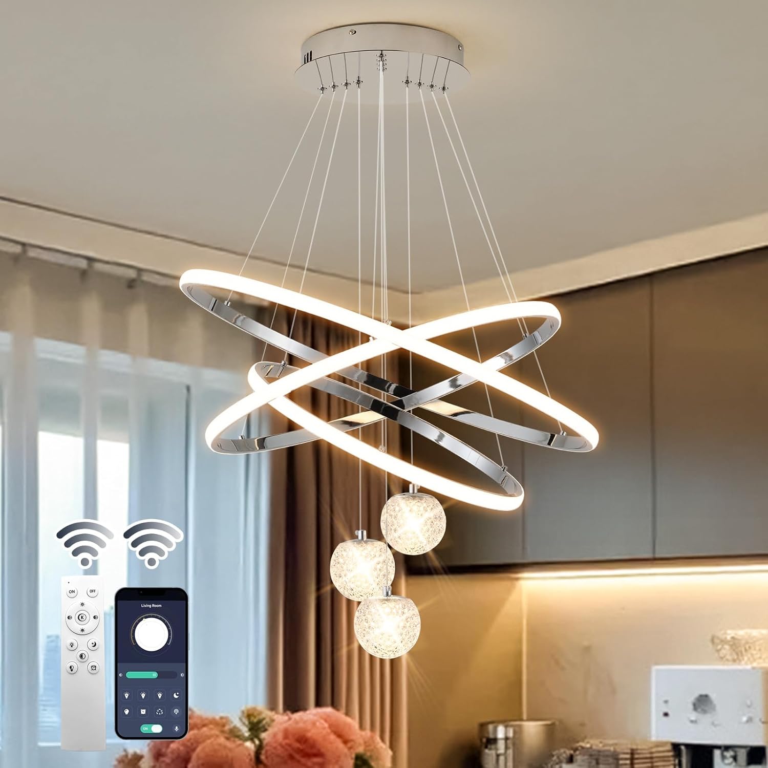 Dimmable Luxe Black Chandelier — Chrome+3Ring+3Globe