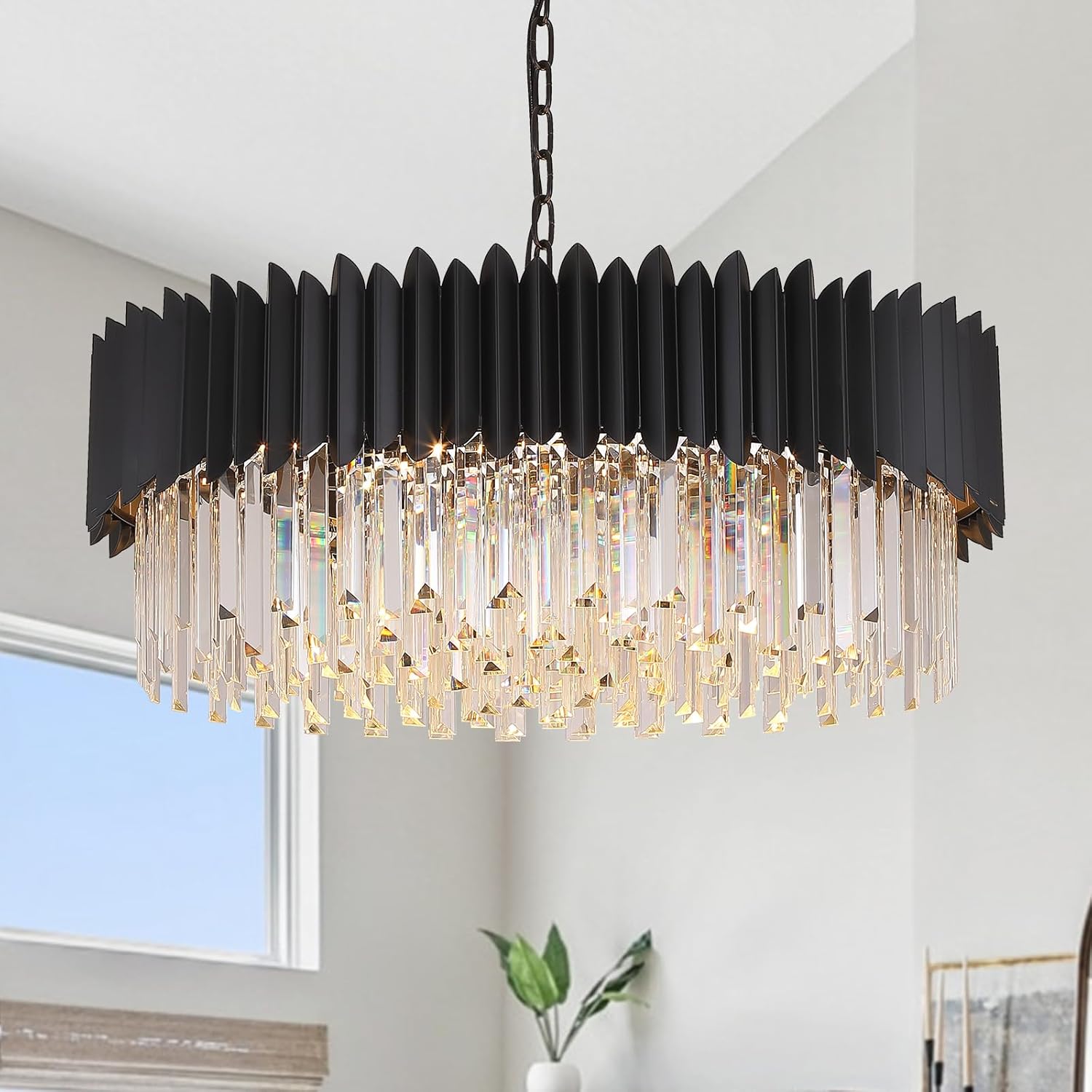 Round Luxe Black Chandelier — 30" — Drum-Black & clear crystals