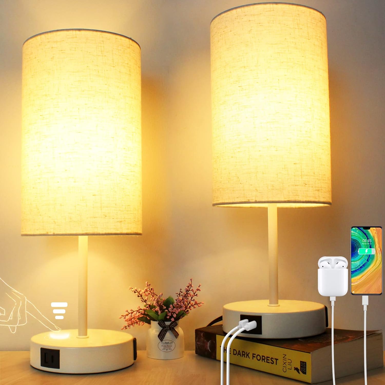 Dimmable Black Bedside Lamp — 15.75" — Set of 2
