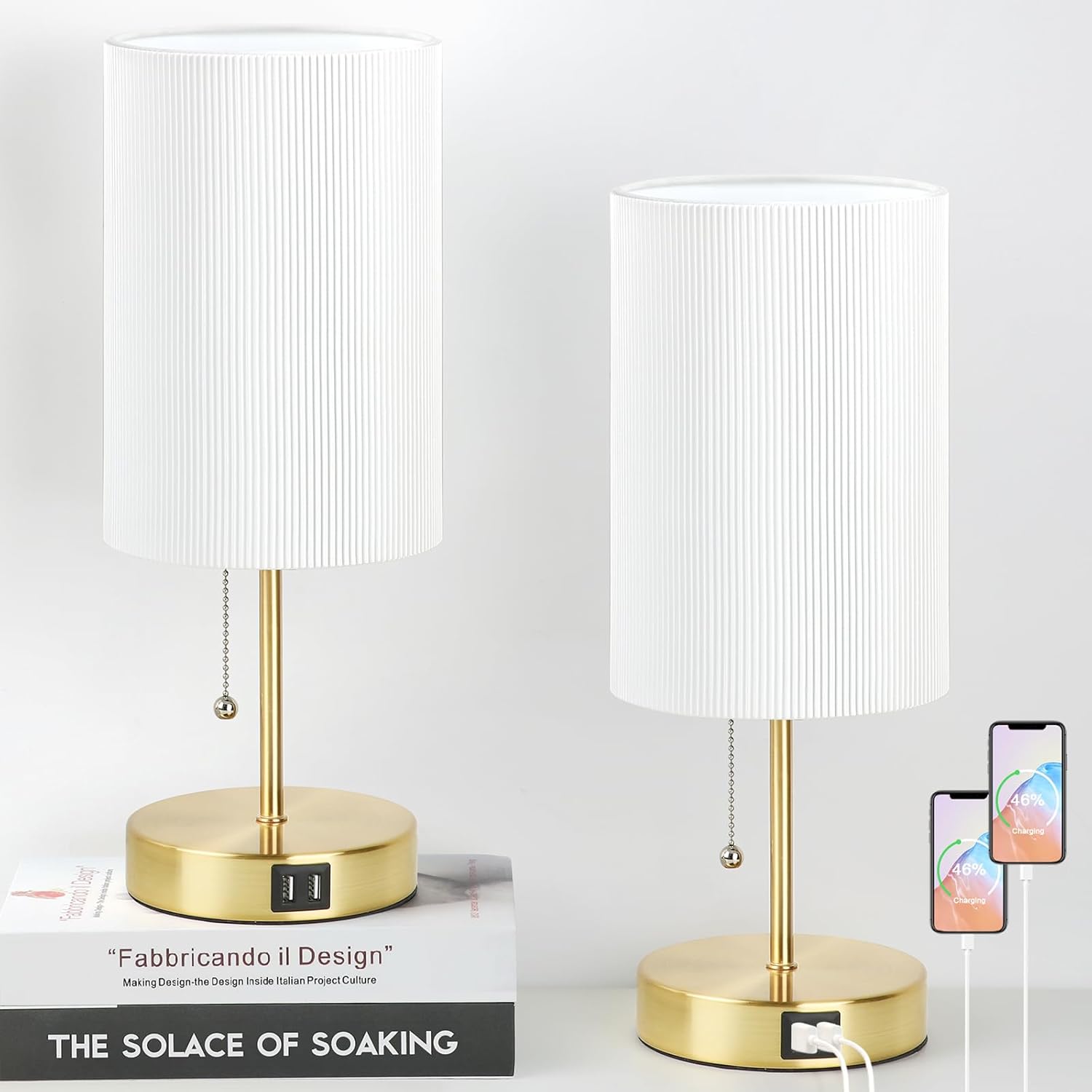 USB Modern Beige Desk Lamp — Set of 2 — Whie