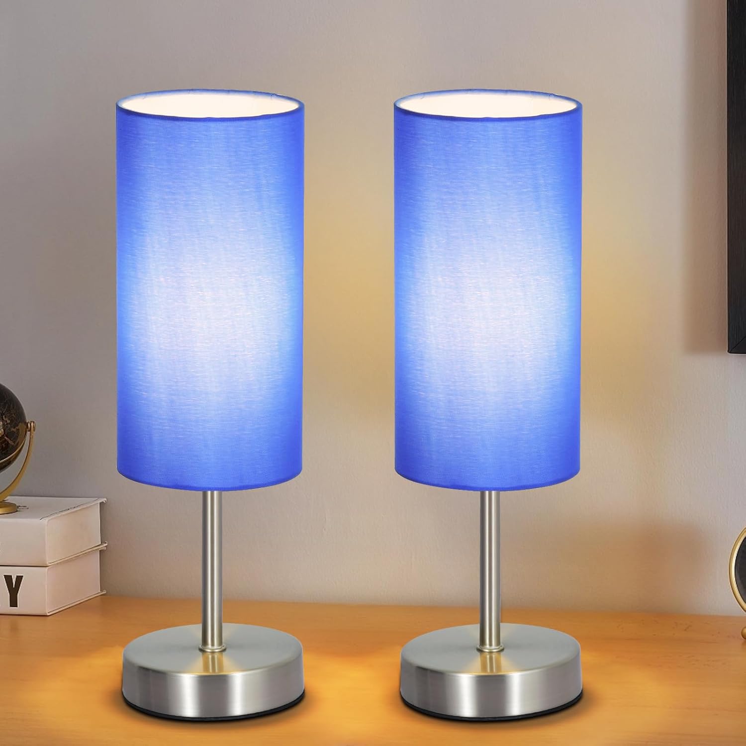 Linen Modern Beige Desk Lamp — 2 Pack Blue-Silver
