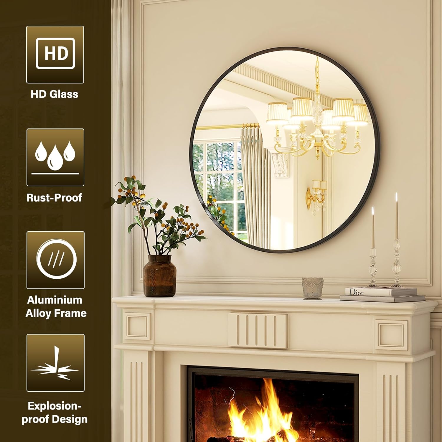 Round Modern Black Wall Mirror — 30" - View 3