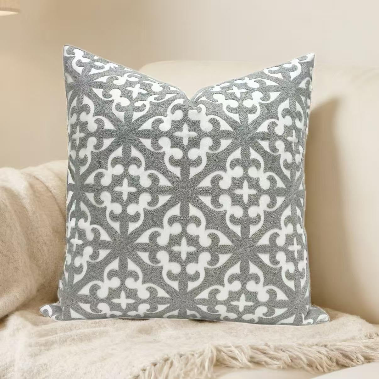 Embroidered Boho Beige Throw Pillow Cover — 18" — Grey Farmhouse Flower