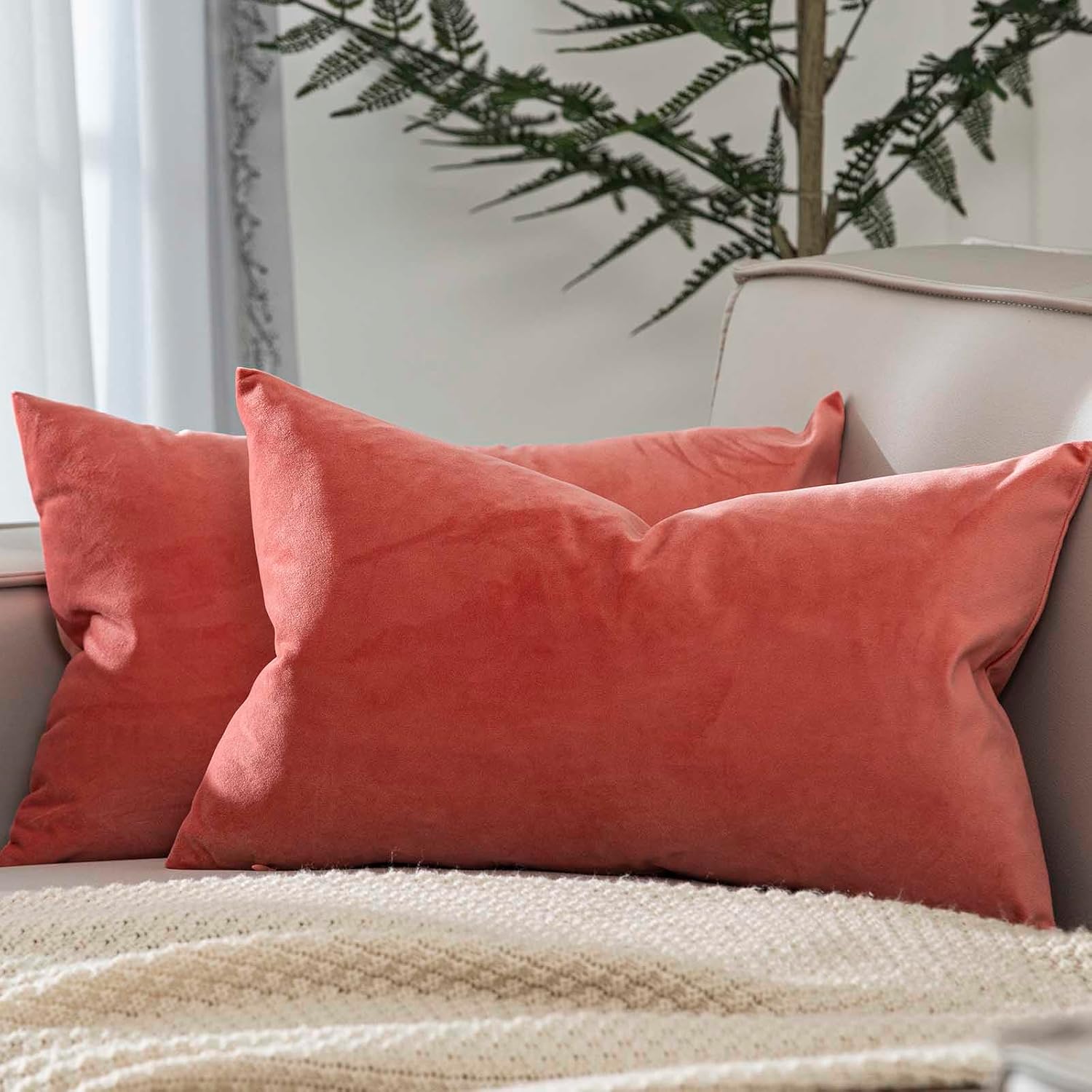 Velvet Luxe Beige Throw Pillow Cover — 14" — Coral