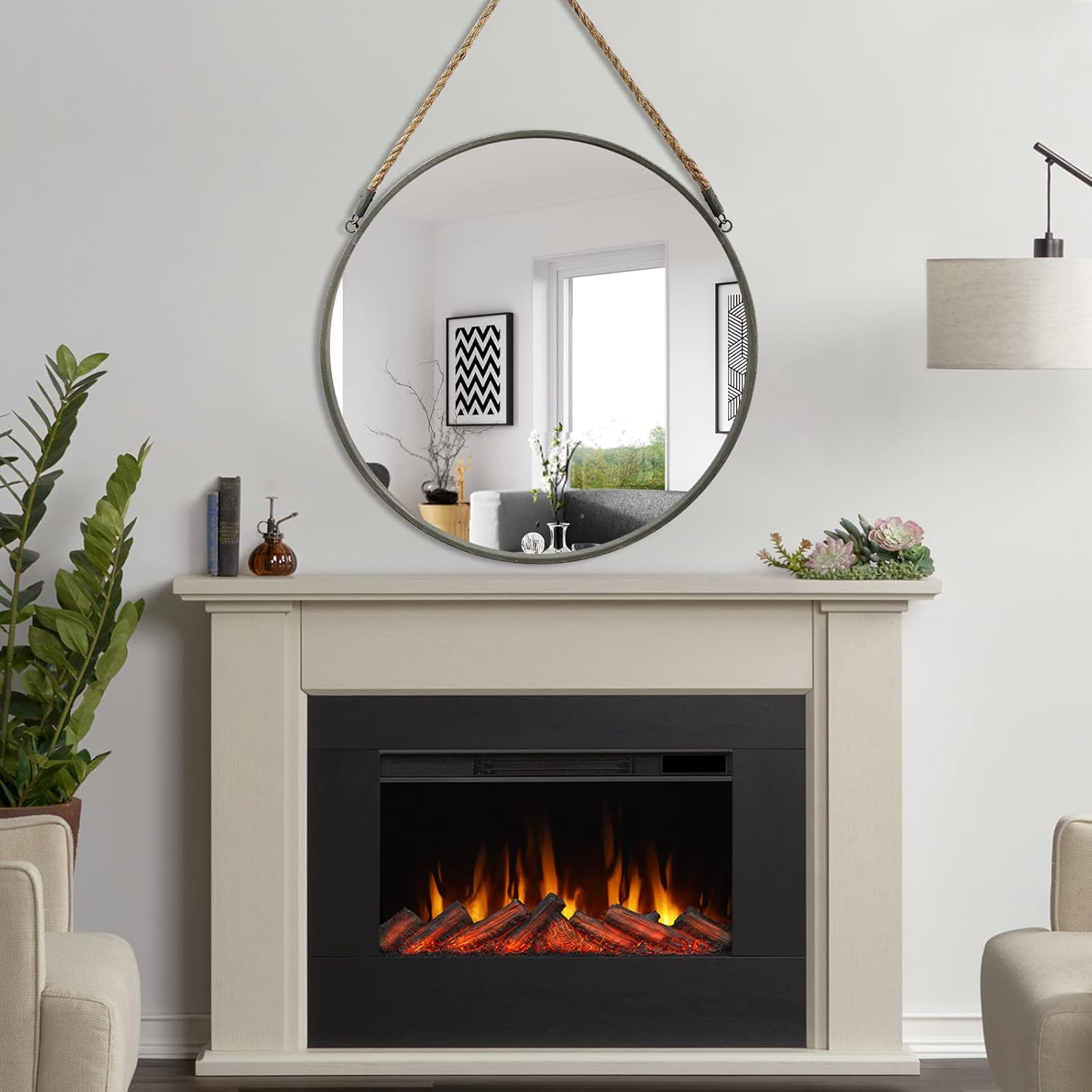 Round Farmhouse Beige Wall Mirror — 15" — Grey