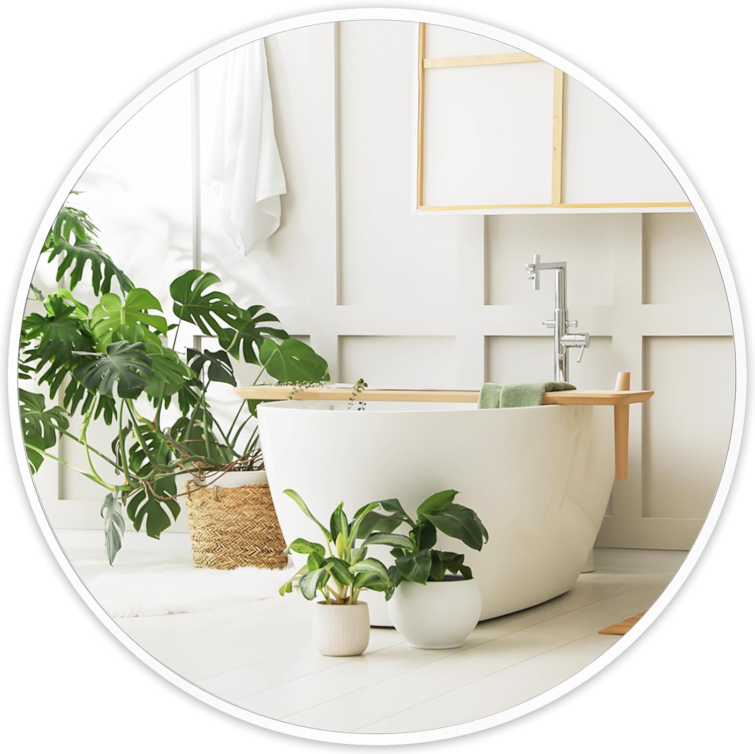 Framed Beige Round Mirror — 20" — 18"L x 18"W