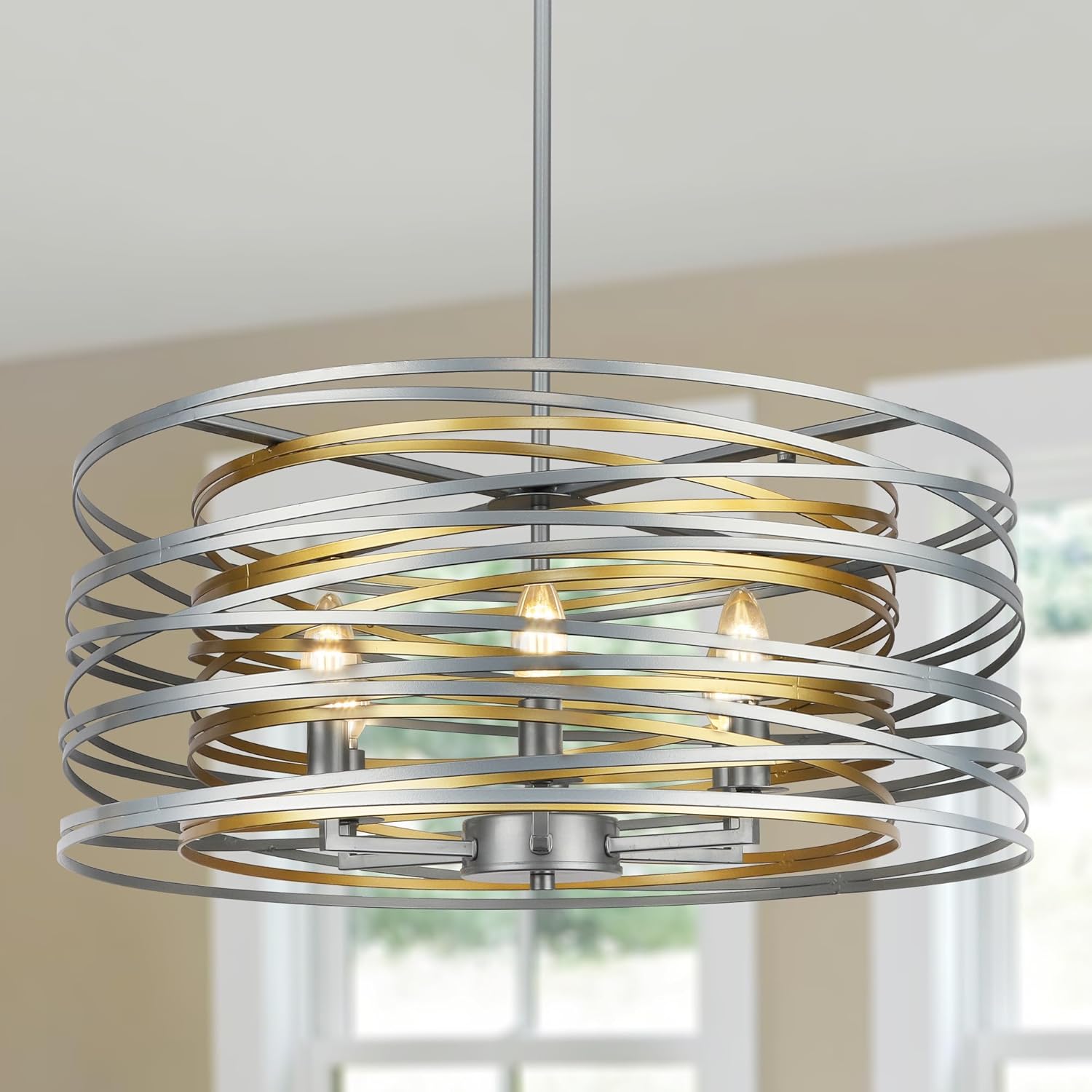 Round Farmhouse Black Chandelier — 6-Light — Silver with Gold Interior