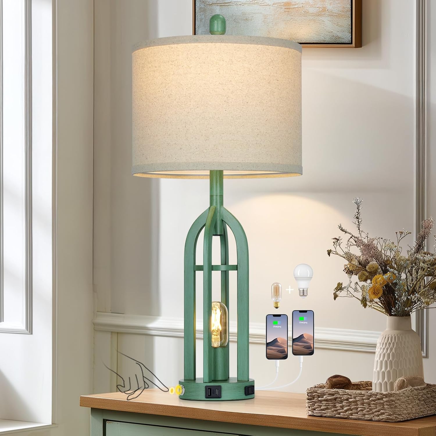 USB Farmhouse Black Bedside Lamp — 27" — Green-Single