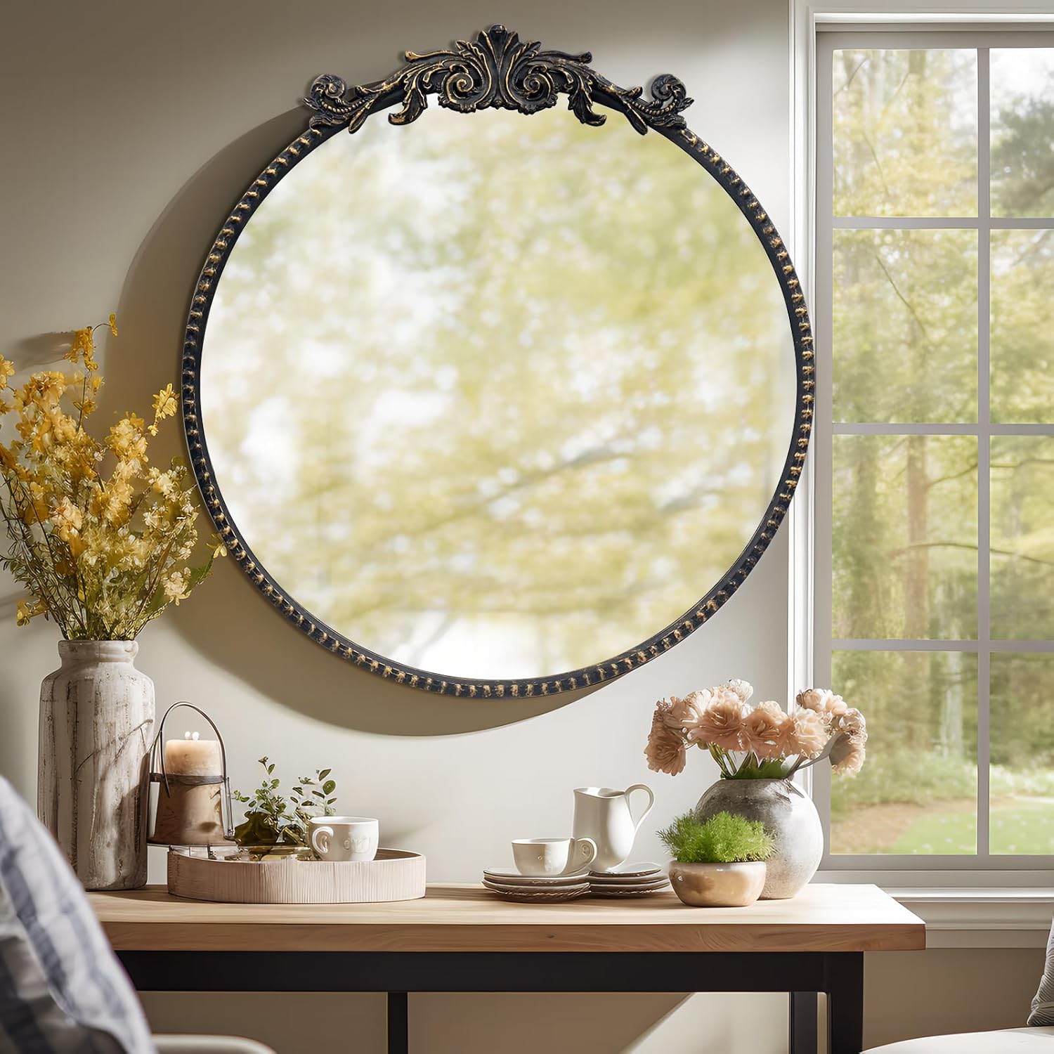 Round Luxe Black Wall Mirror — 28" — 28"L x 28"W