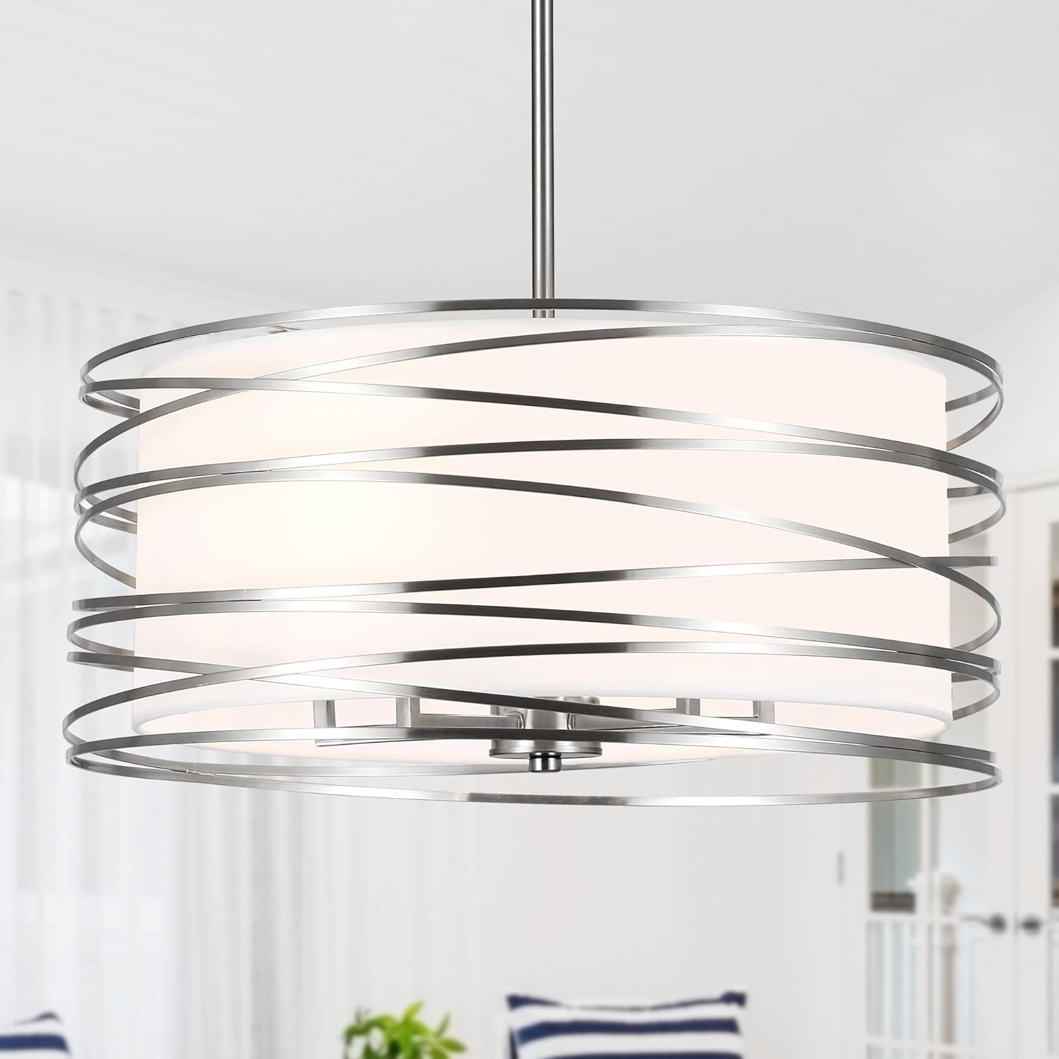 Round Farmhouse Black Chandelier — 6-Light — Brushed Nickel