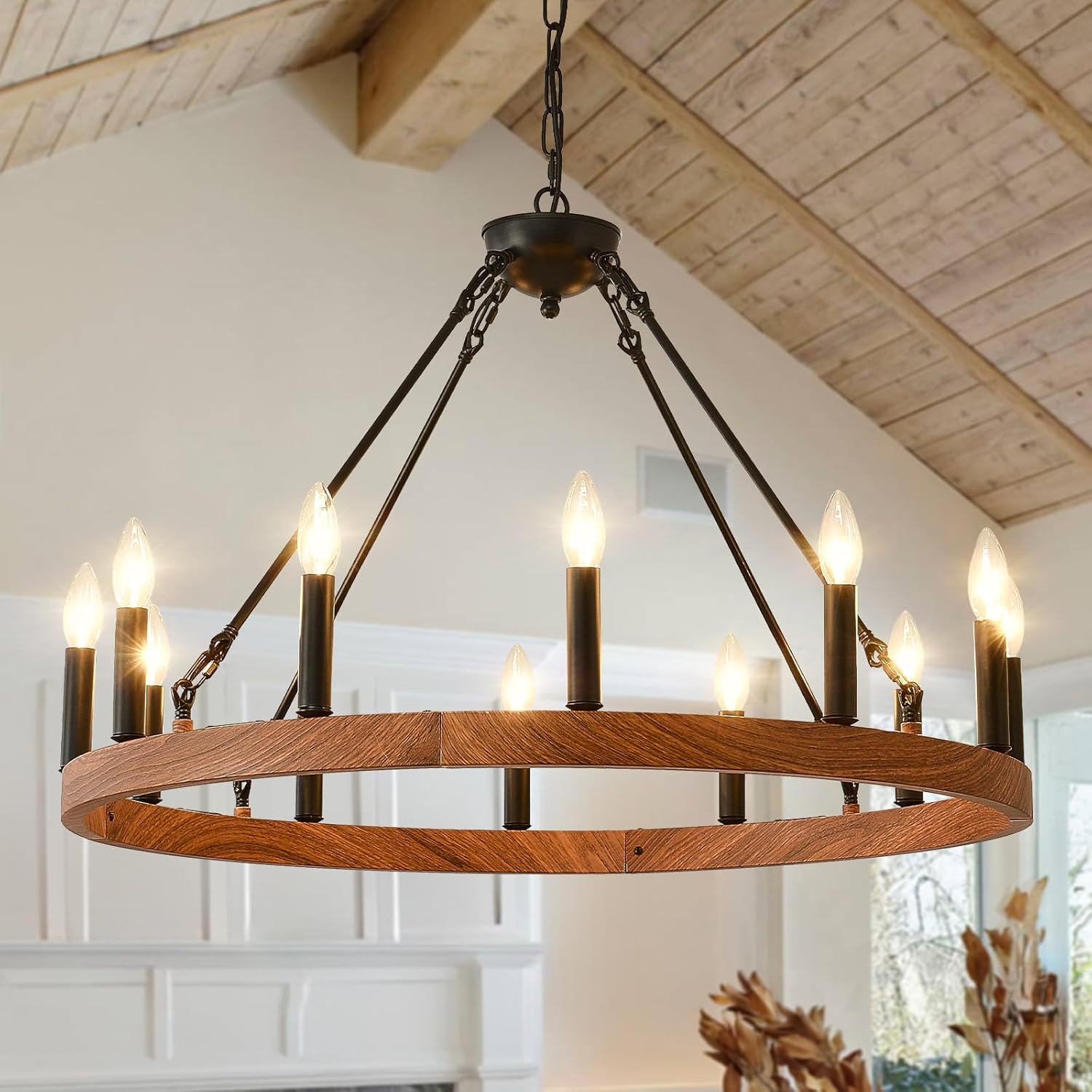Round Farmhouse Black Chandelier — 12-Light — Wood-Grain