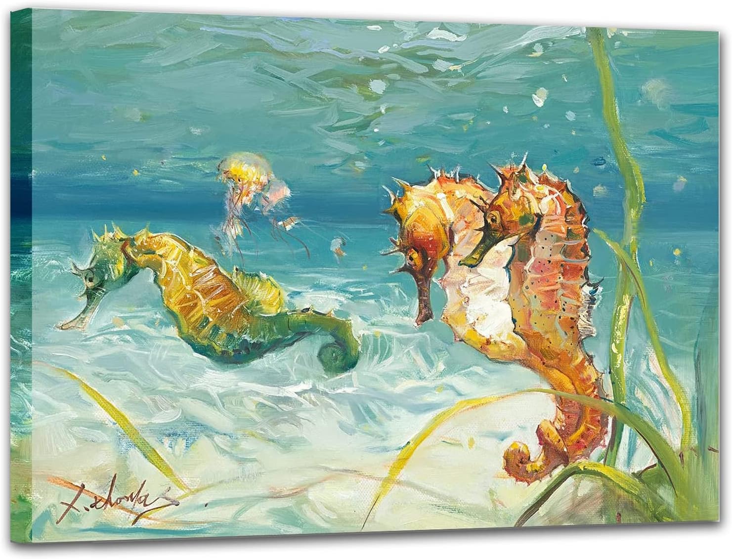 Framed Grey Canvas Wall Art — 16" — Seahorse-B style
