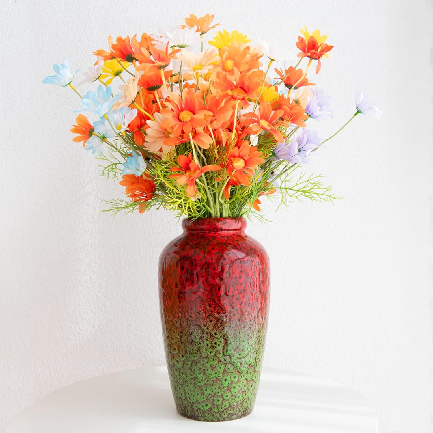 Modern Blue Flower Vase — 11" — Red & Green