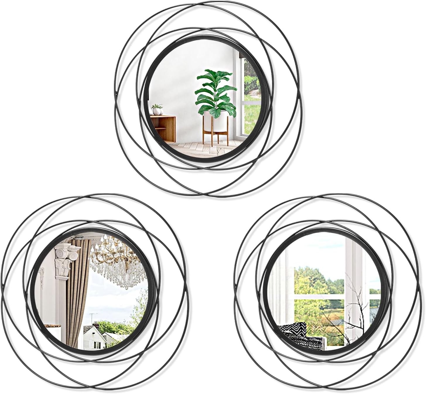 Round Black Wall Mirror — 12" — 3 Set 12"L x 12"W