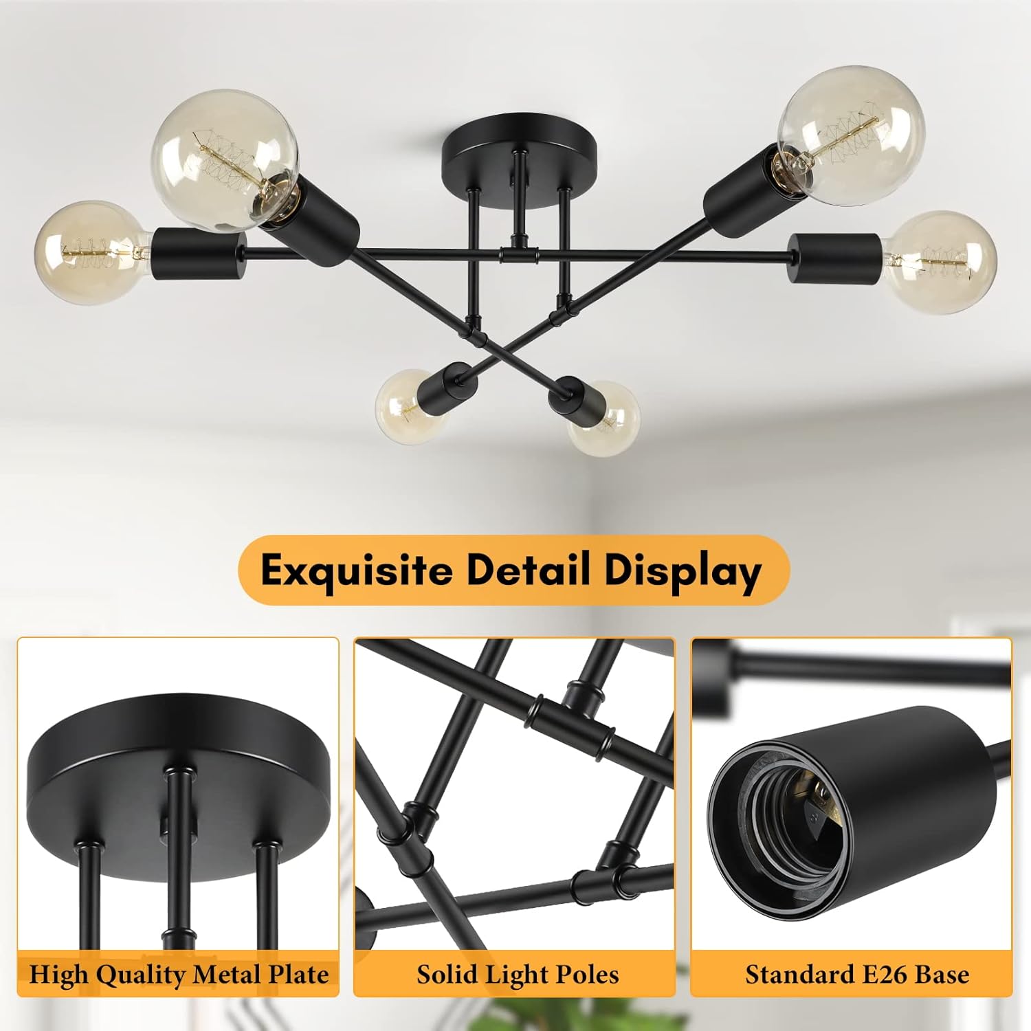 Modern Black Chandelier — 6-Light - View 5