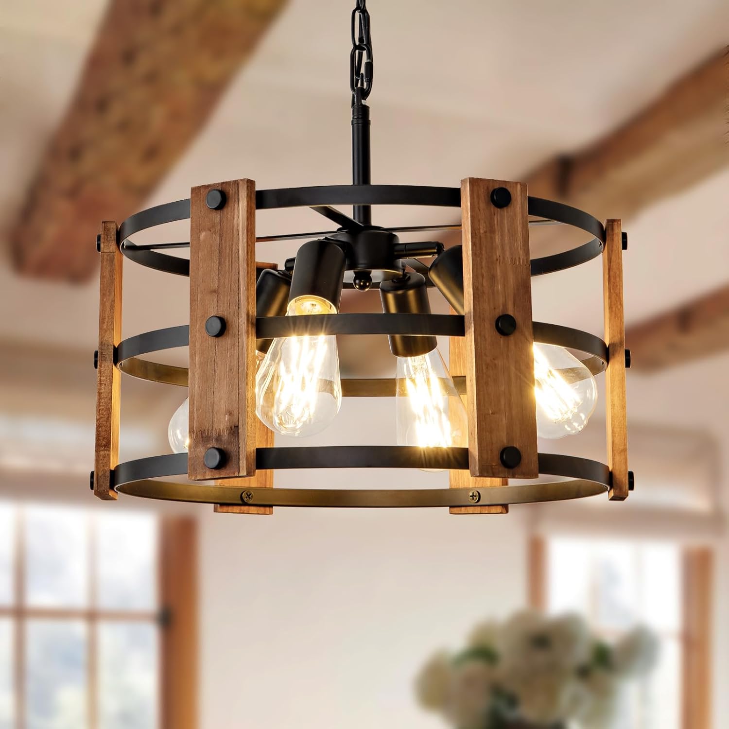 Farmhouse Beige Chandelier — 10-Light — Brown Wood