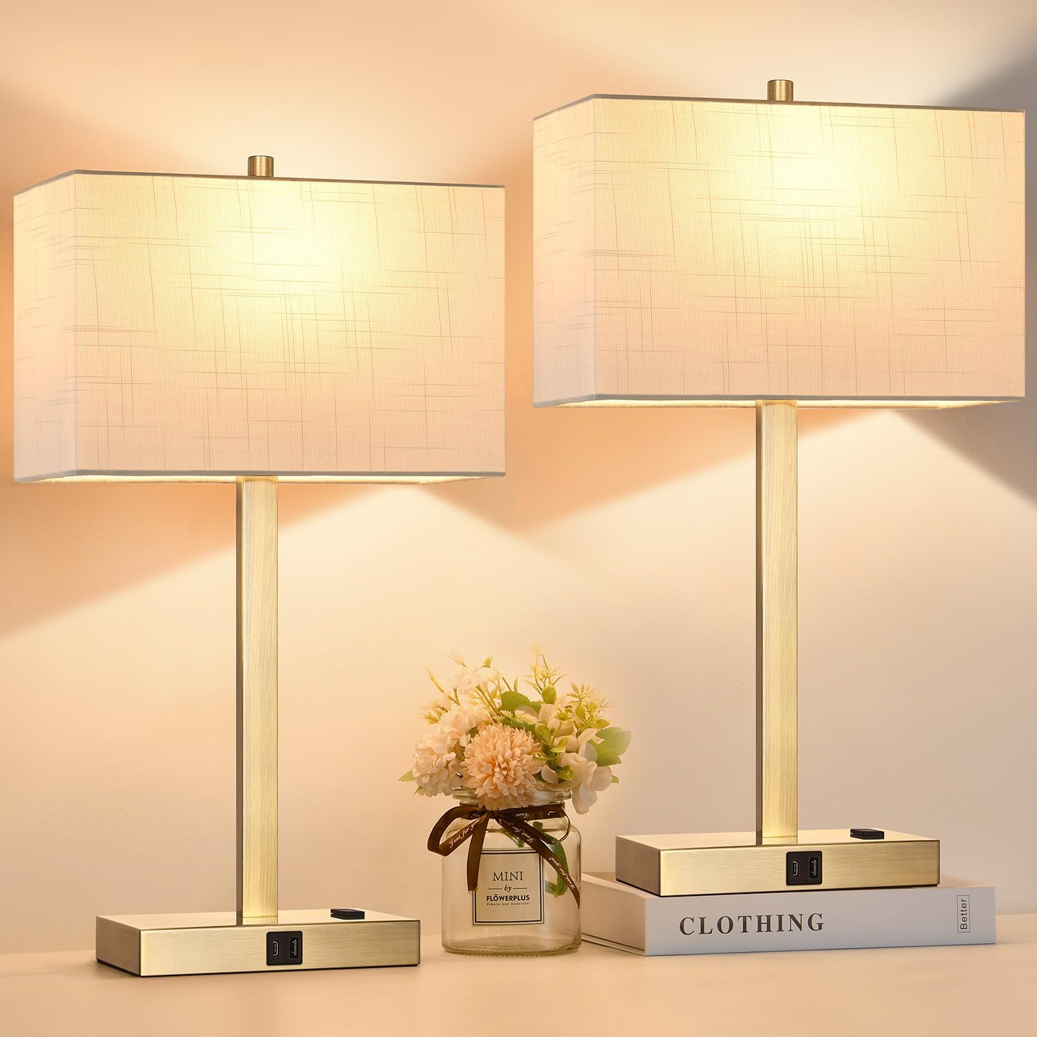 Dimmable Beige LED Bulb — 21" — (2 Pack)White Linen & Brass (Base)-2700K Bulbs Included