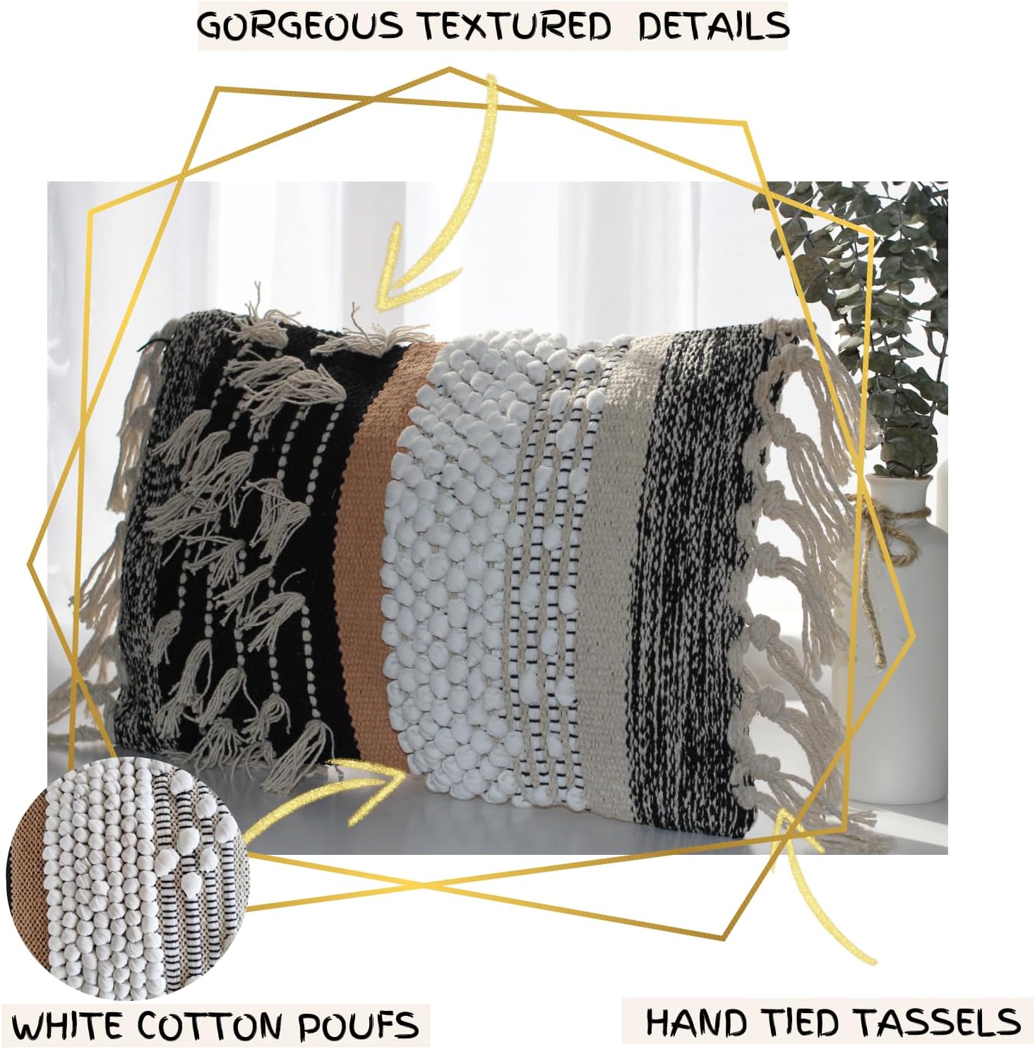 Tufted Boho Black Pillow Cover — 12x20 - View 3