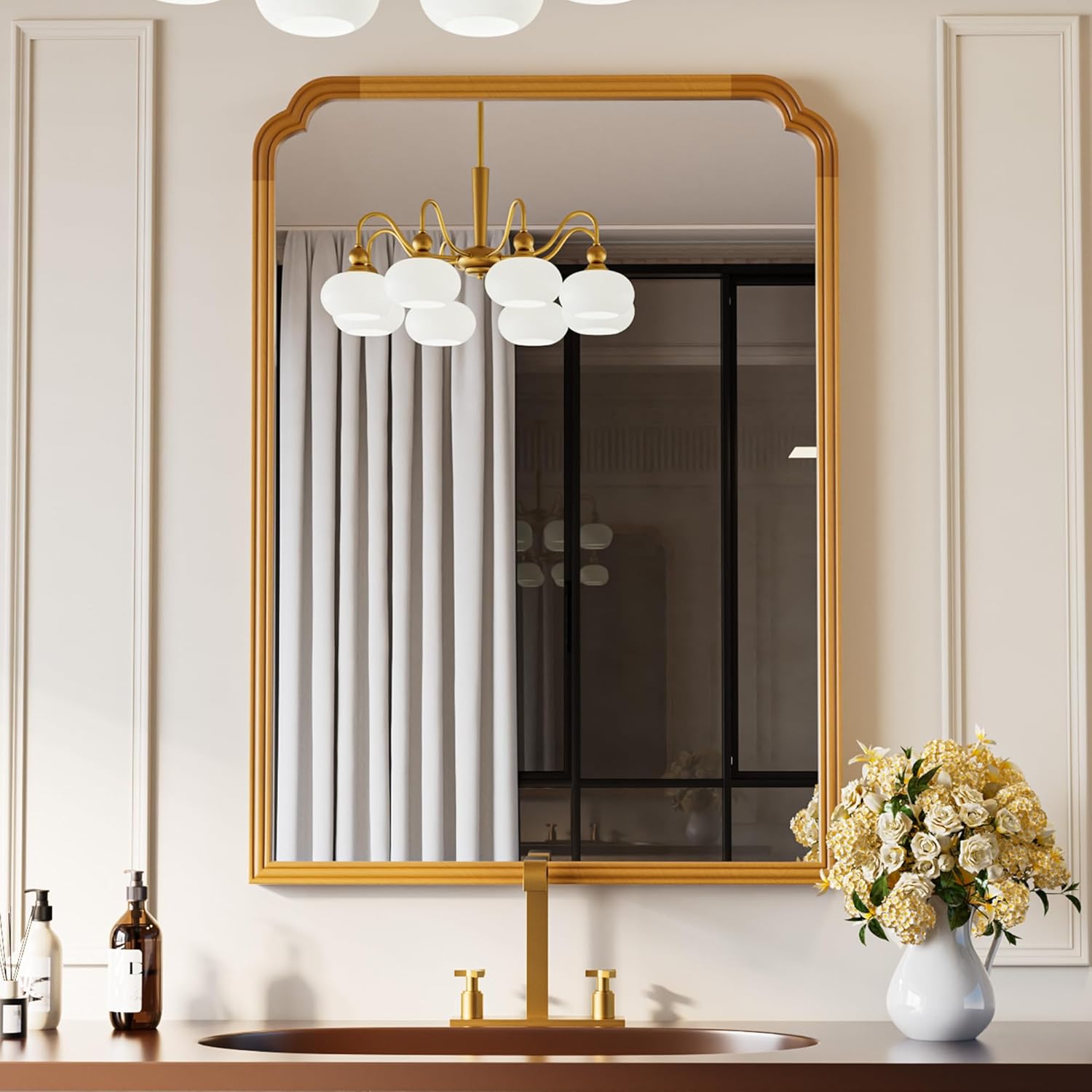Framed Luxe Beige Vanity Mirror — 30" — Natural Beech Wood