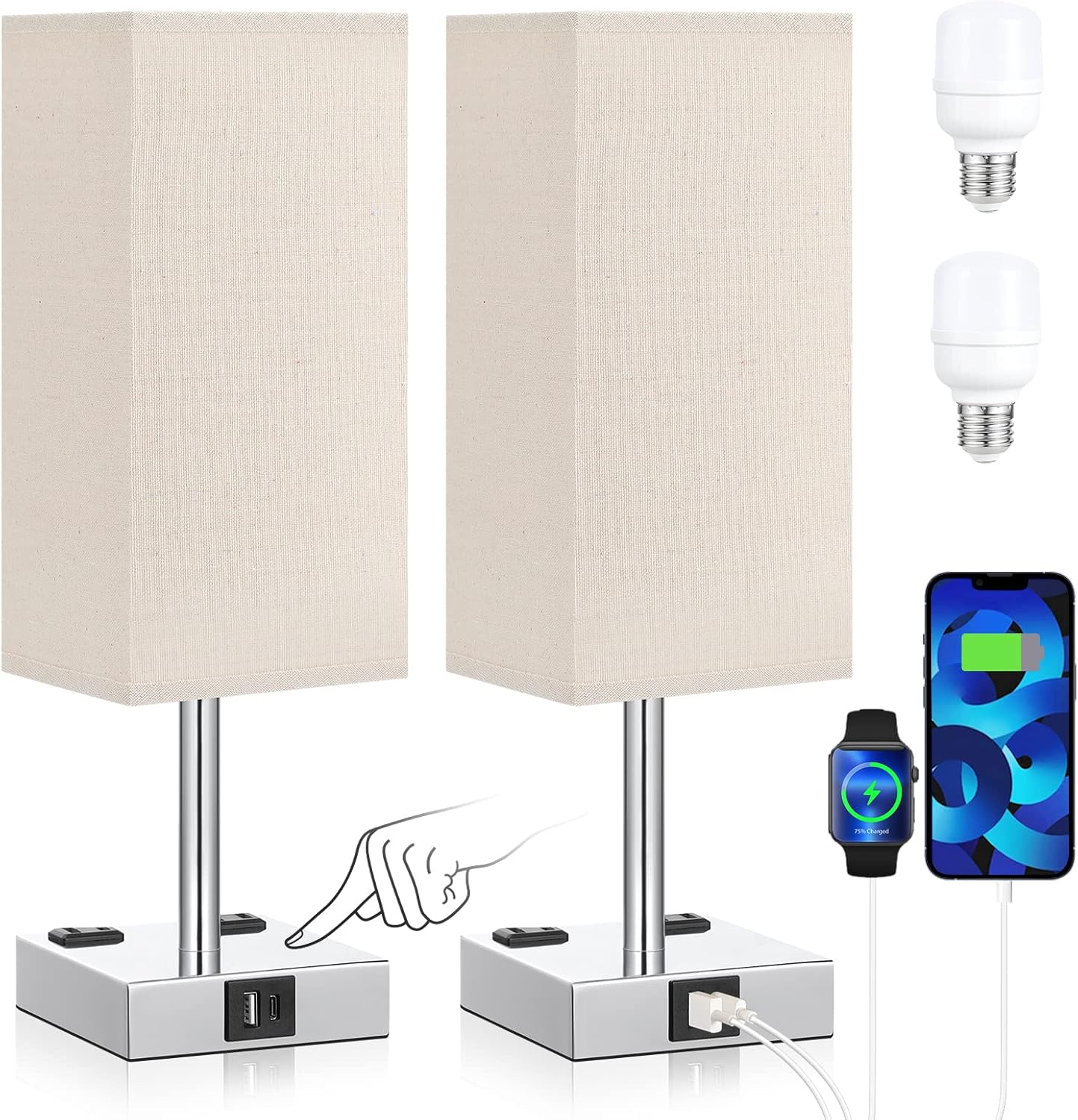 Dimmable Beige Bedside Lamp — Set of 2 — Beige-Silver