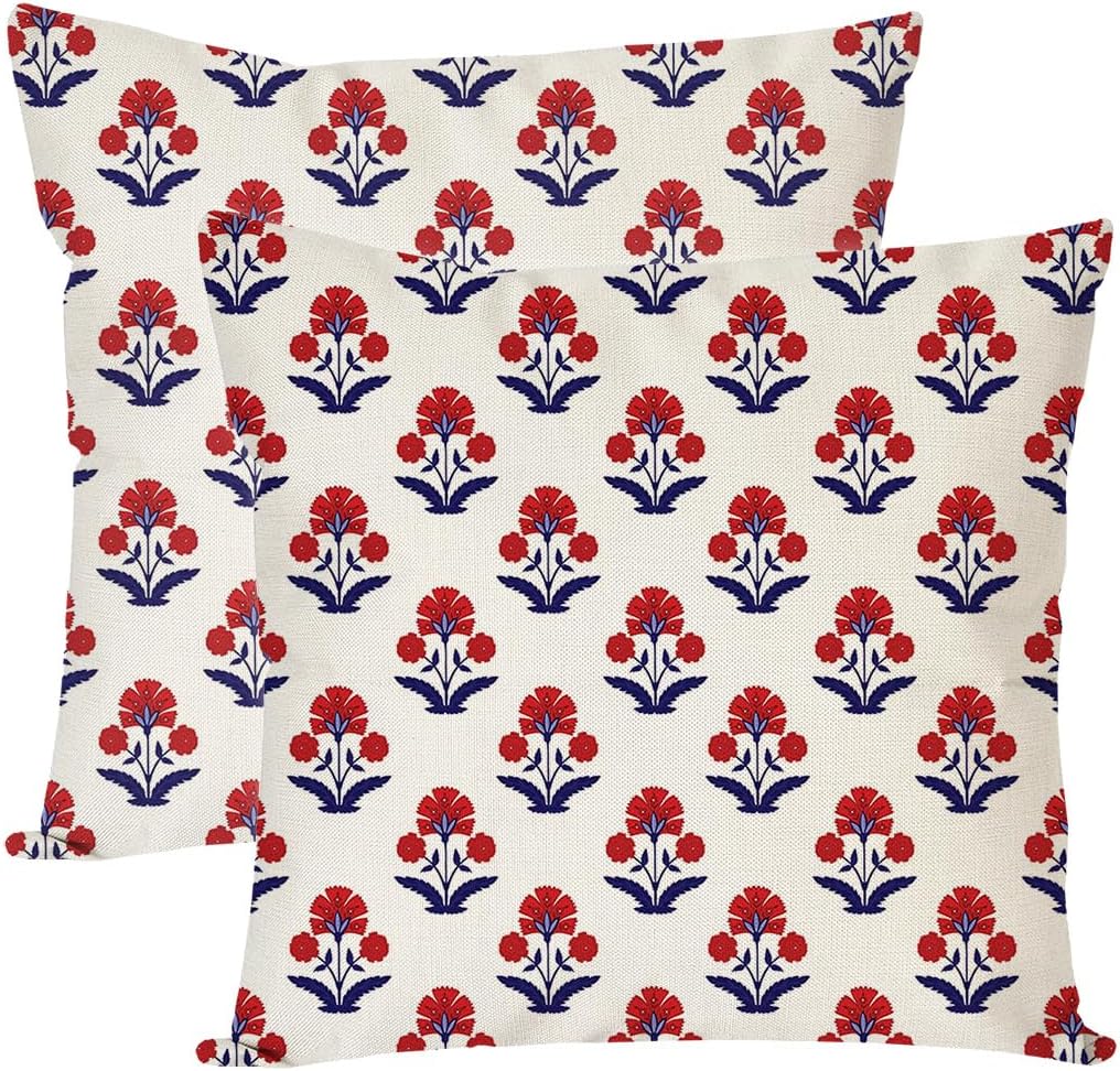 Vintage Boho Blue Throw Pillow Cover — 18" — Red