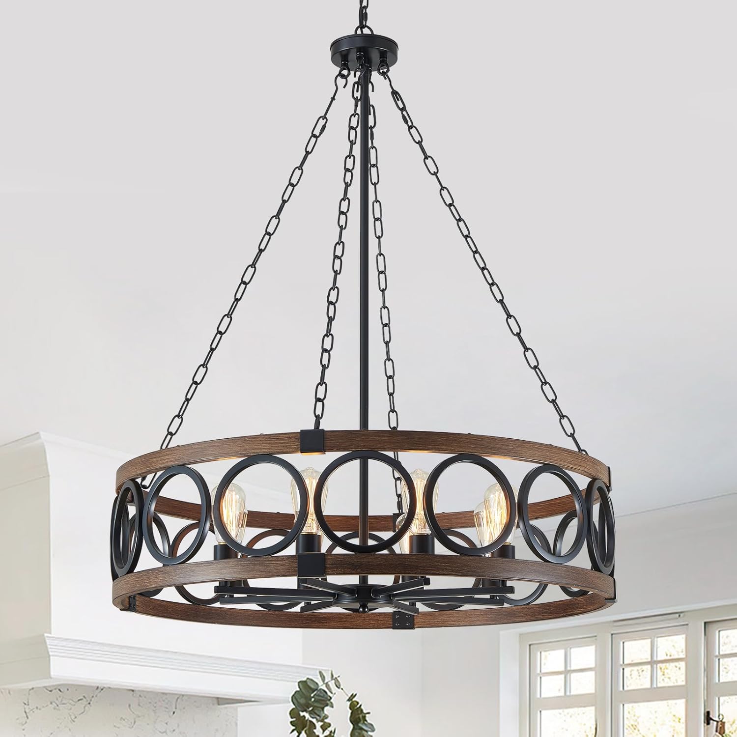 Round Farmhouse Black Chandelier — 5-Light — Black Drum Chandelier-8 Light