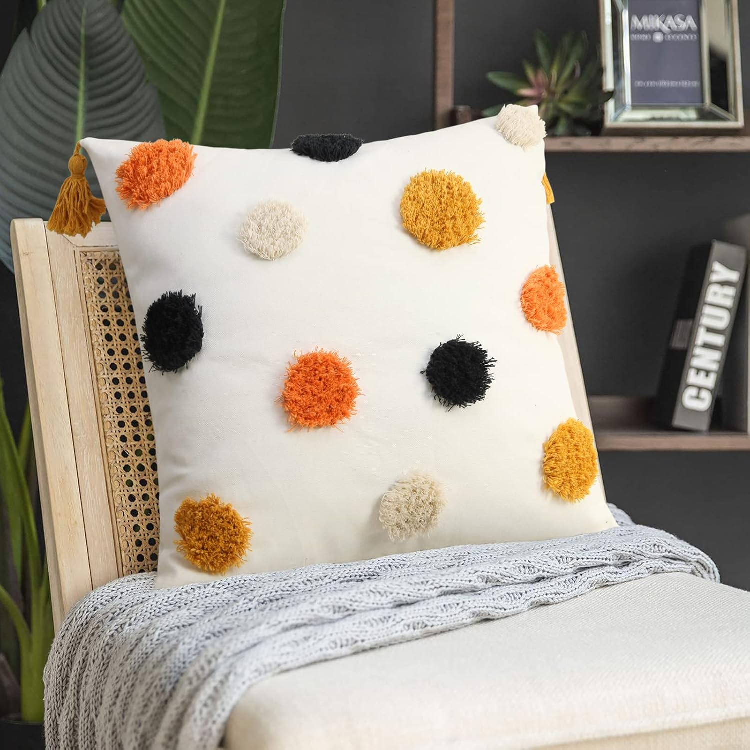 Tufted Boho Blue Pillow Cover — 18" — Orange and White