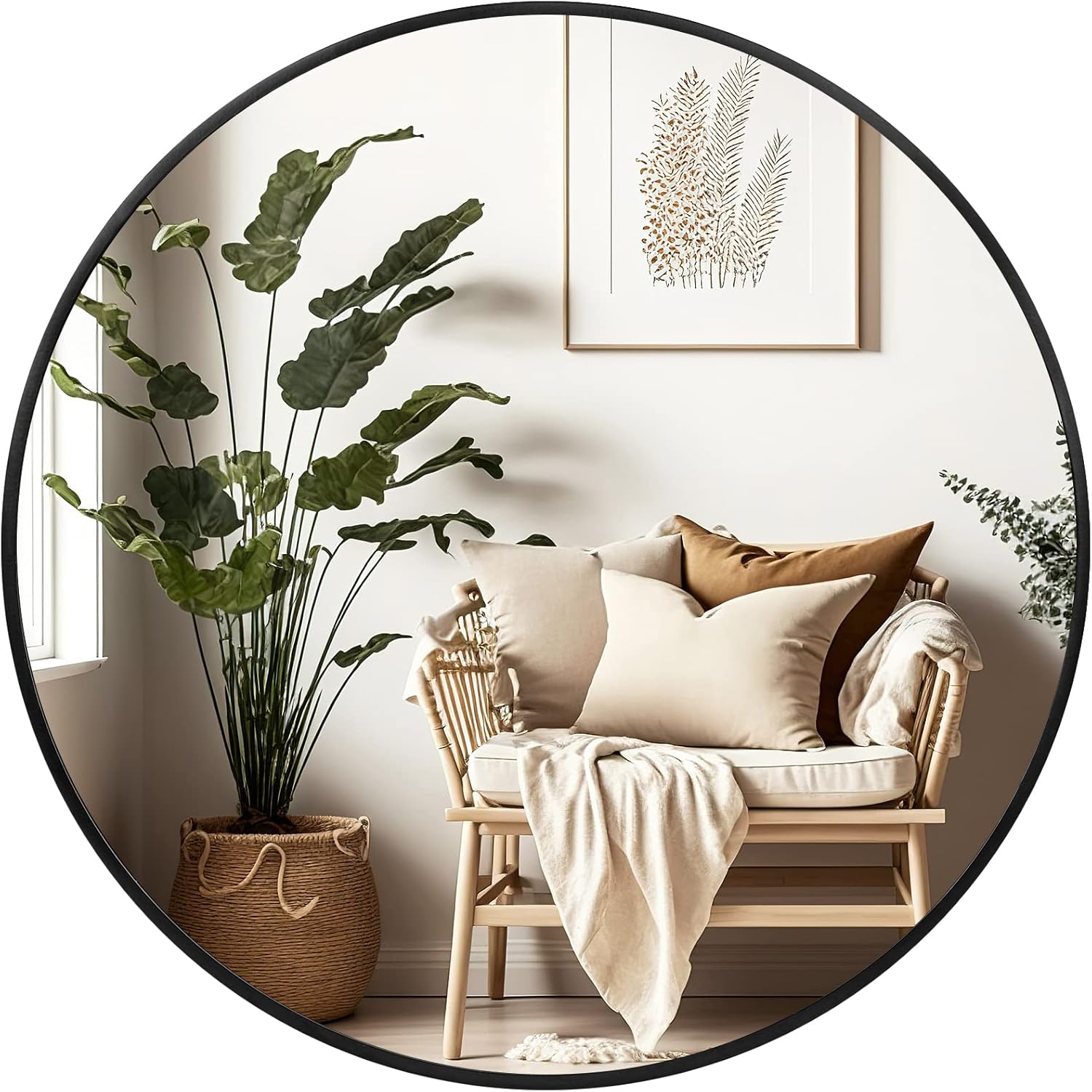 Framed Beige Round Mirror — 20" — 20"L x 20"W