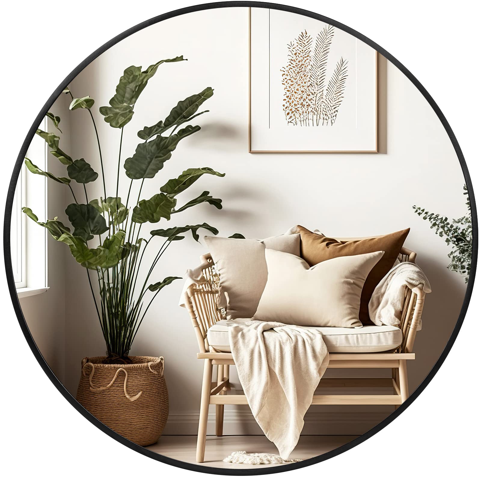 Framed Beige Round Mirror — 20"
