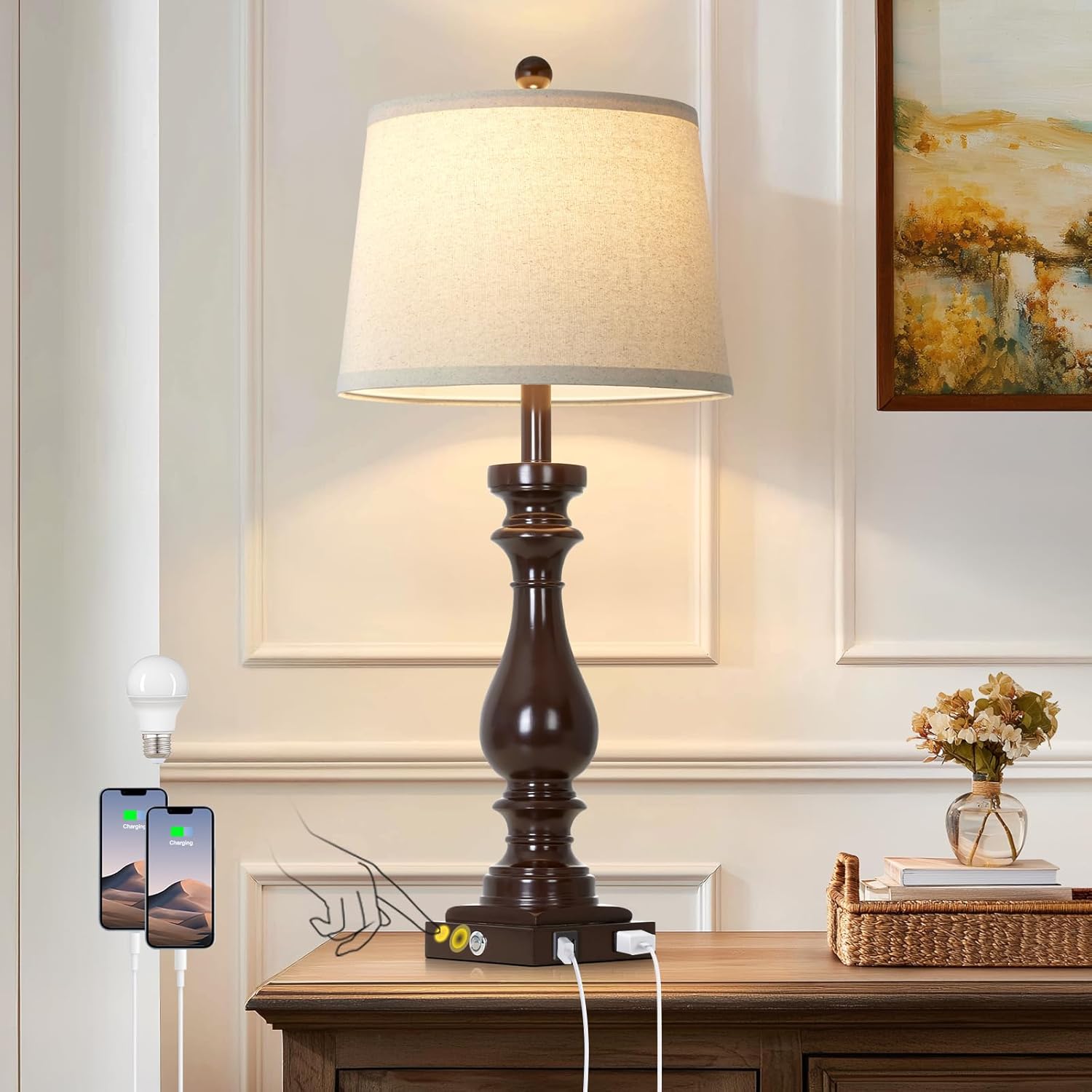 Dimmable Mid-Century Beige Nightstand Lamp — 27.5" — 1Pack Dark Brown