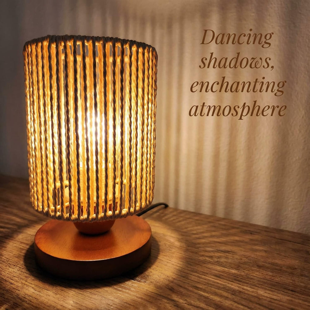 Handwoven Boho Wood Bedside Lamp — 8.6" - View 2
