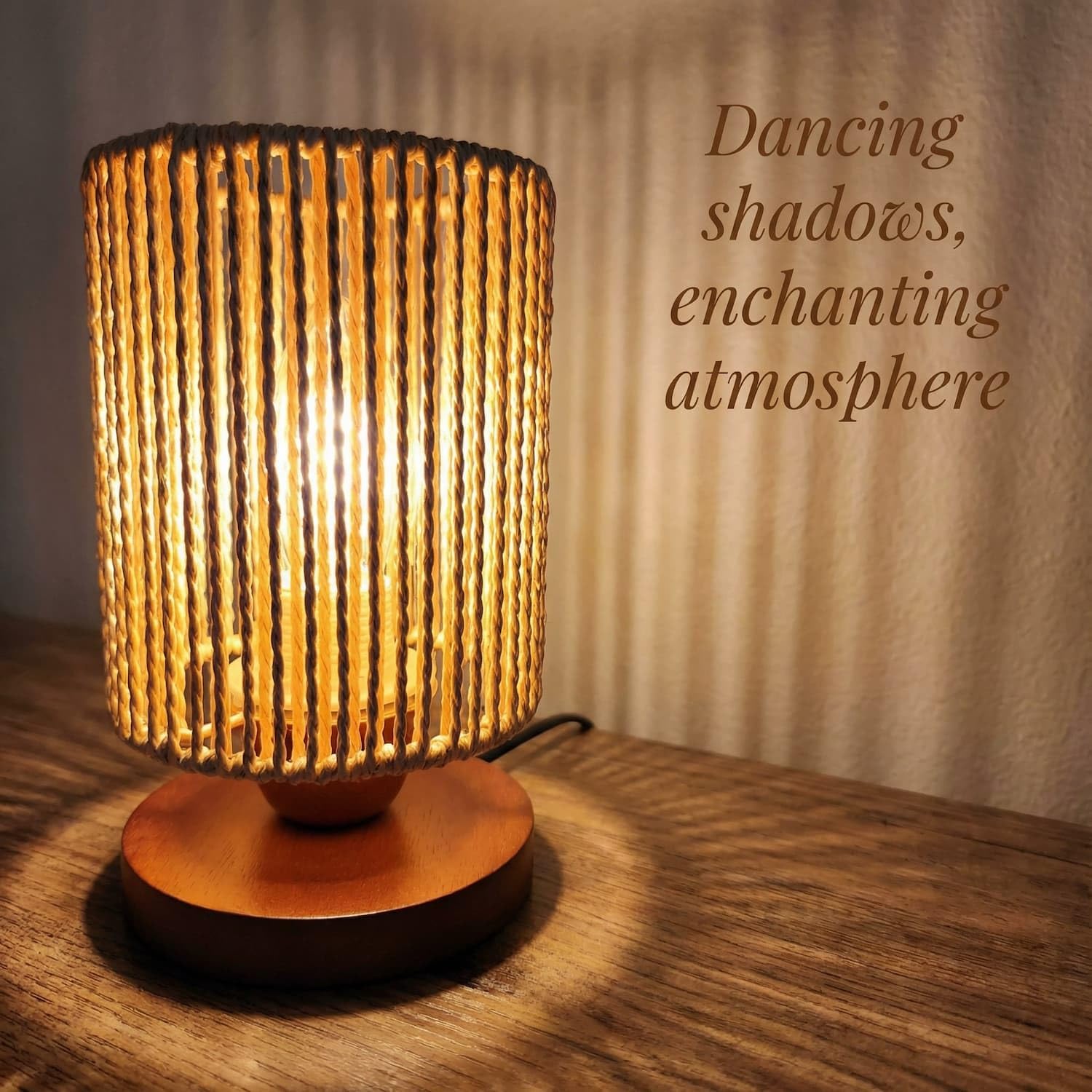 Handwoven Boho Wood Bedside Lamp — 8.6" - View 2